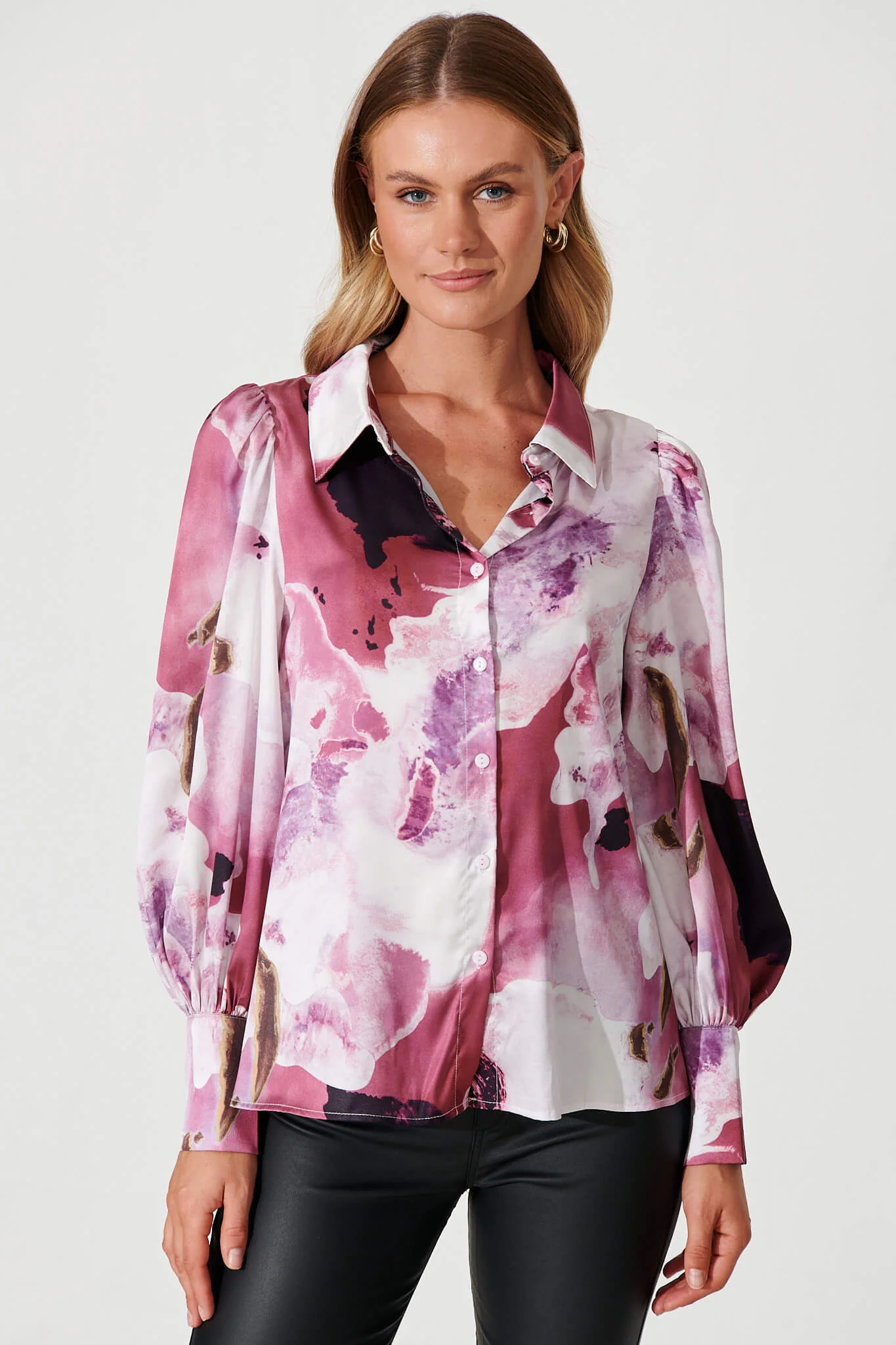 Afternoon Shirt In Pink With Purple Watercolour Satin - Image 6