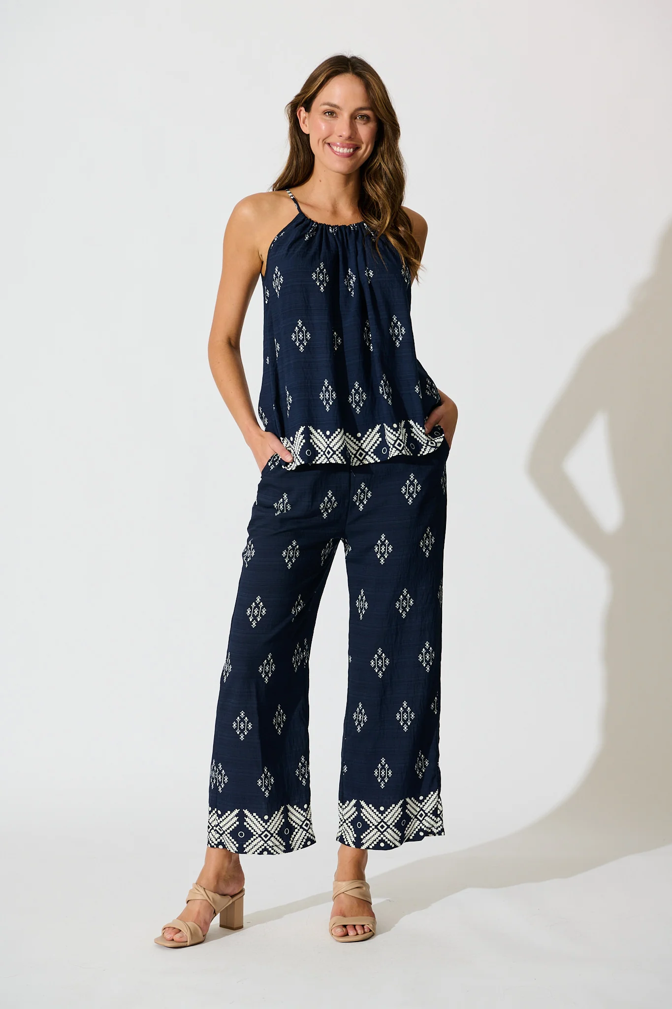 Aiko Top in Navy with White Border Print Linen Blend - Image 5