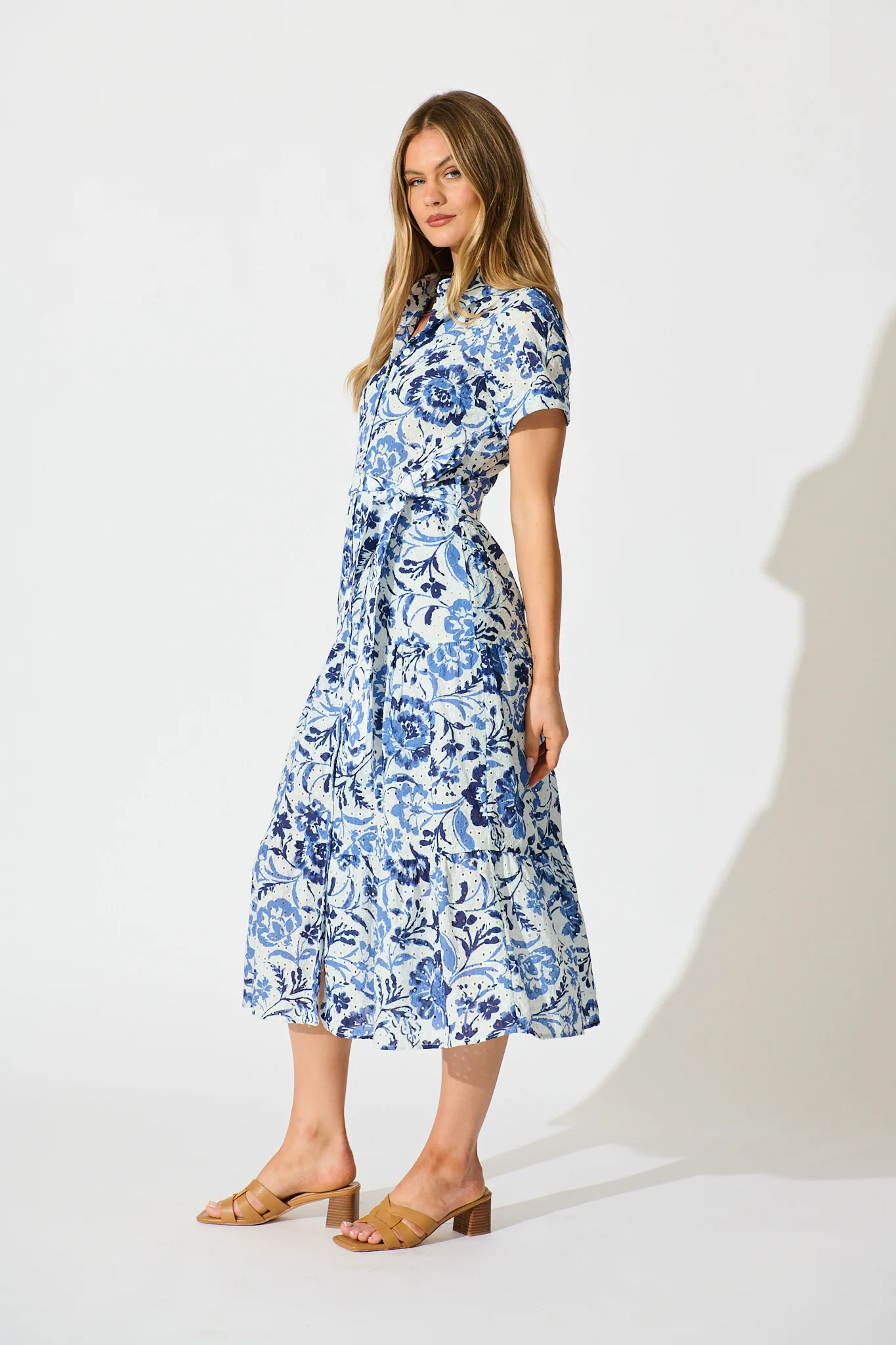 Airlie Midi Shirt Dress in White with Blue Floral Embroidery - Image 3