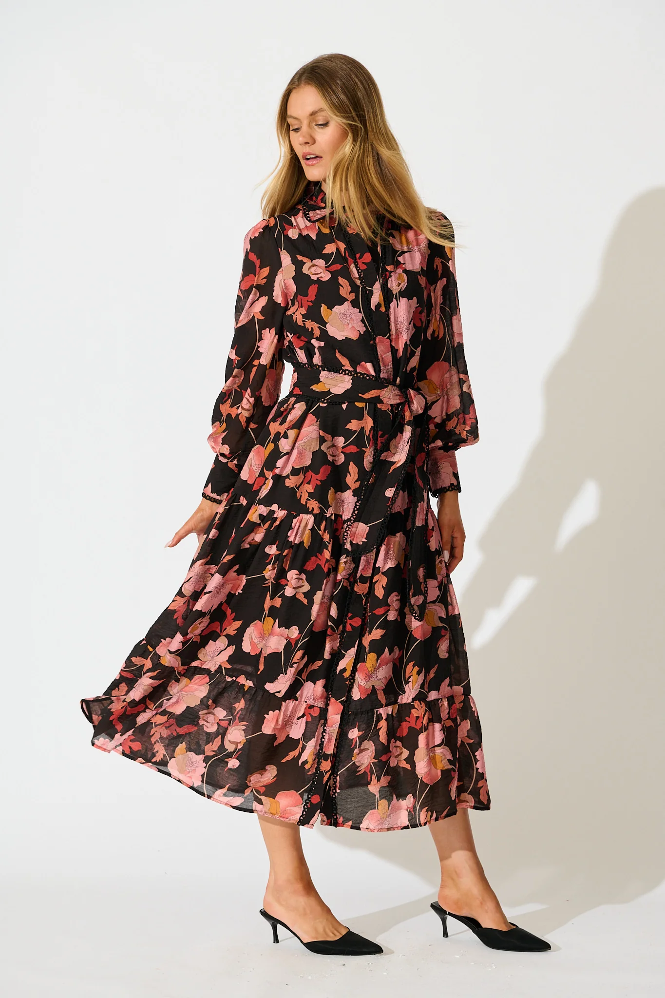 Alaina Maxi Shirt Dress in Black Floral with Black Lace Trim - Image 3