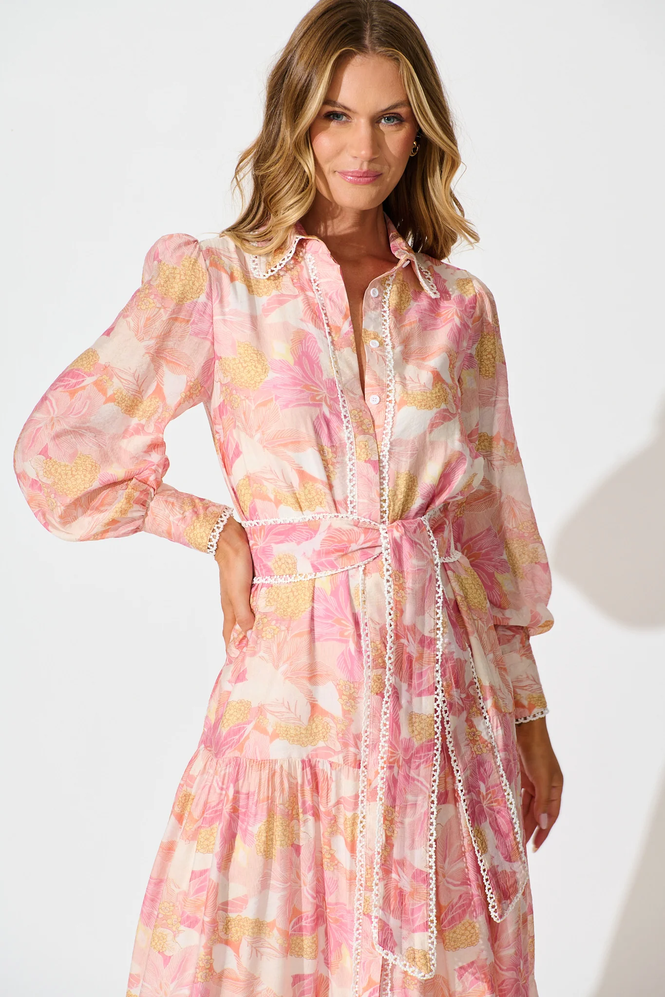 Alaina Maxi Shirt Dress in Pink Floral With White Lace Trim - Image 6