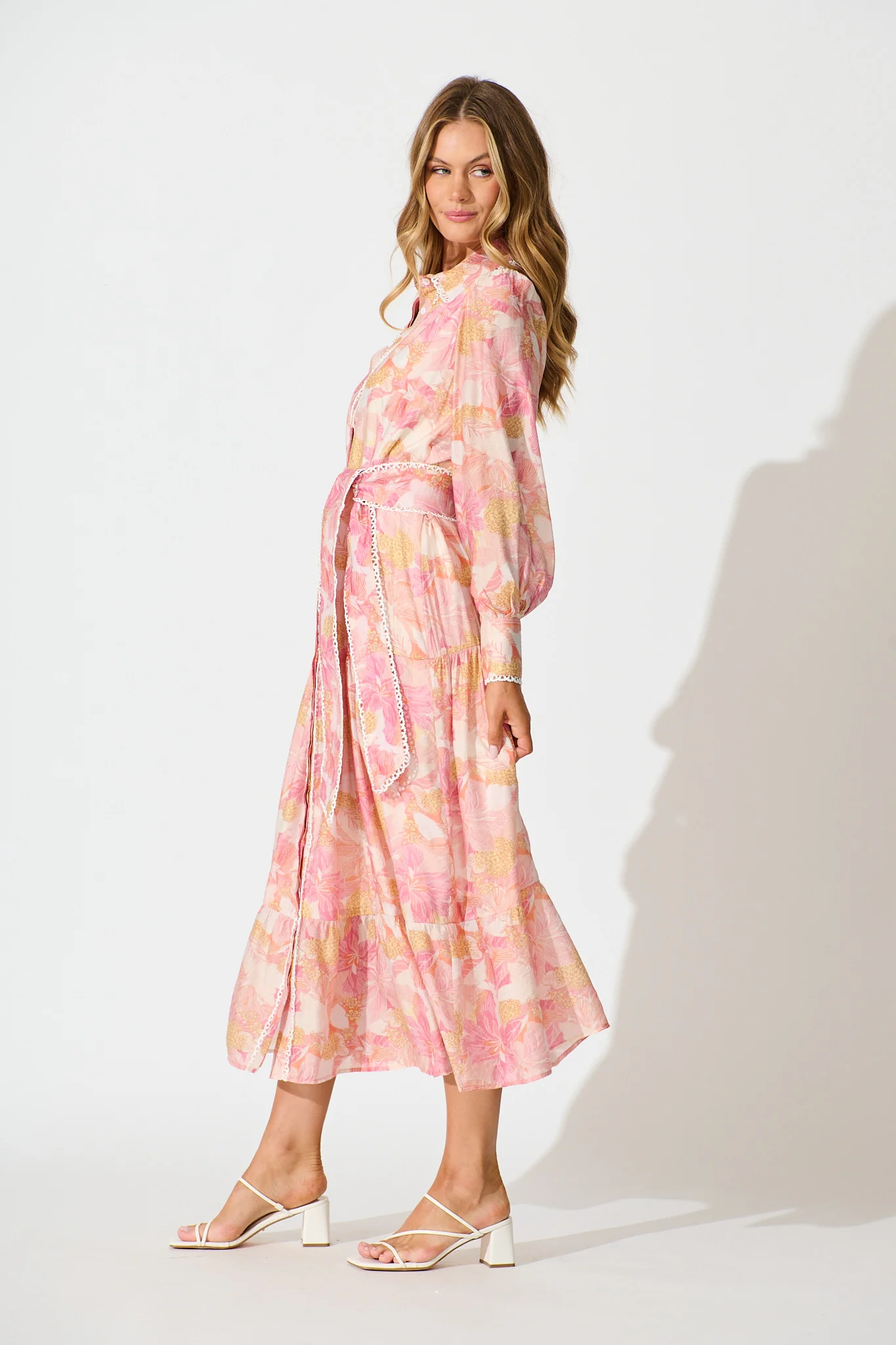 Alaina Maxi Shirt Dress in Pink Floral With White Lace Trim - Image 7