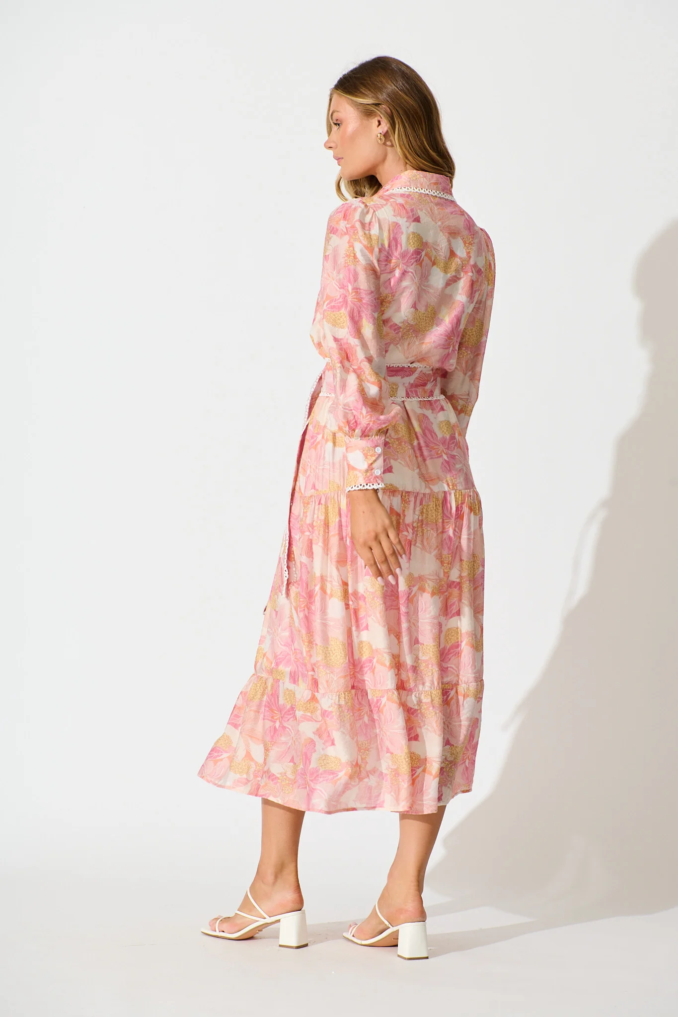 Alaina Maxi Shirt Dress in Pink Floral With White Lace Trim - Image 8