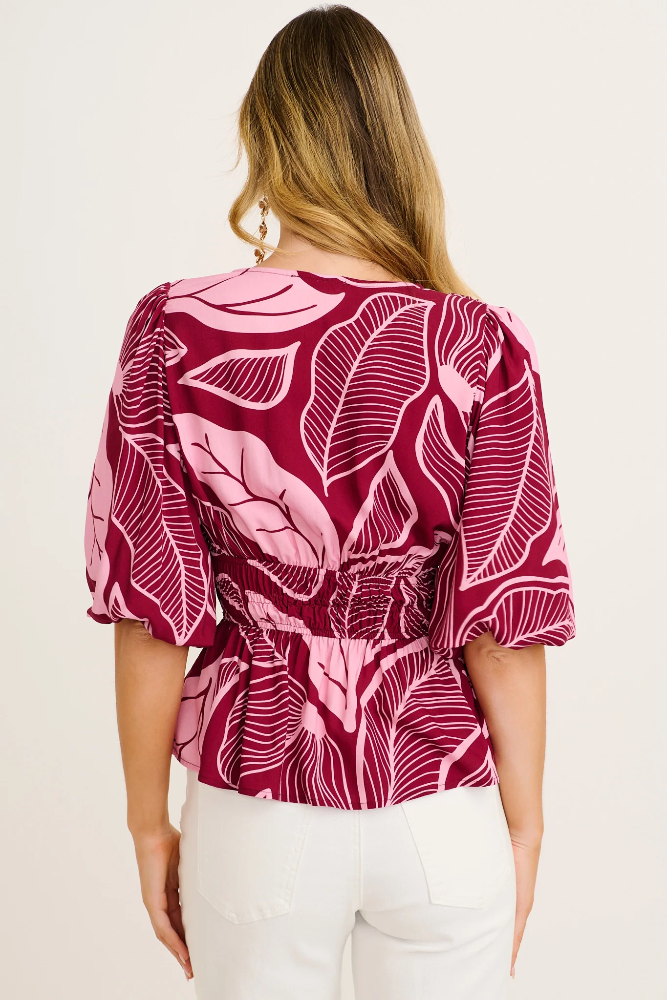 Aleda Top in Plum with Pink Leaf Print - Image 3