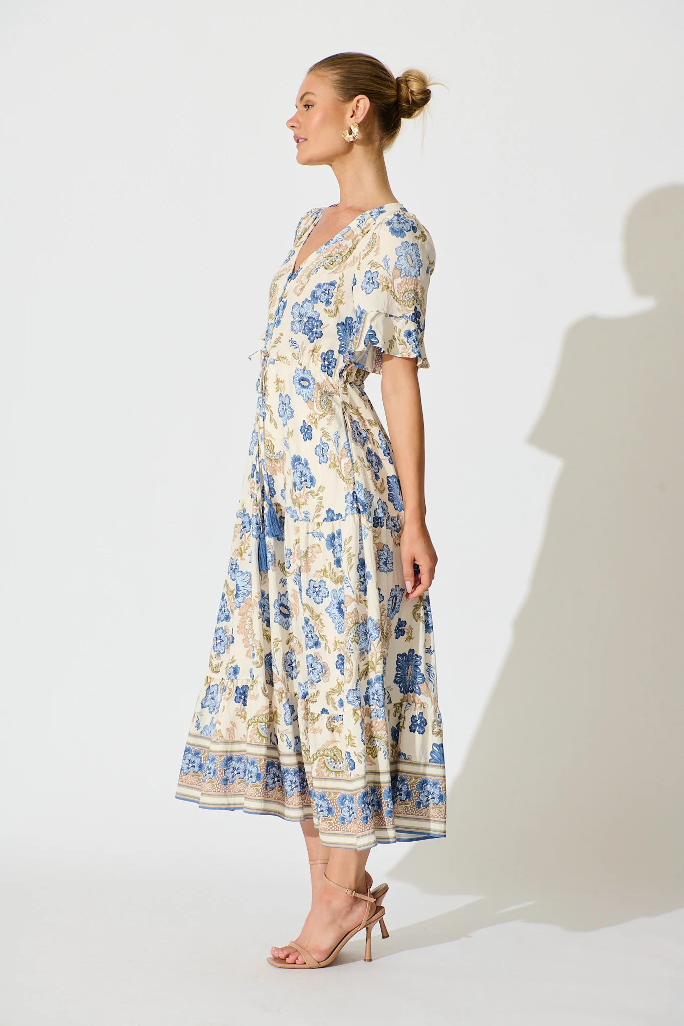Alessa Maxi Dress in White with Blue Floral - Image 3