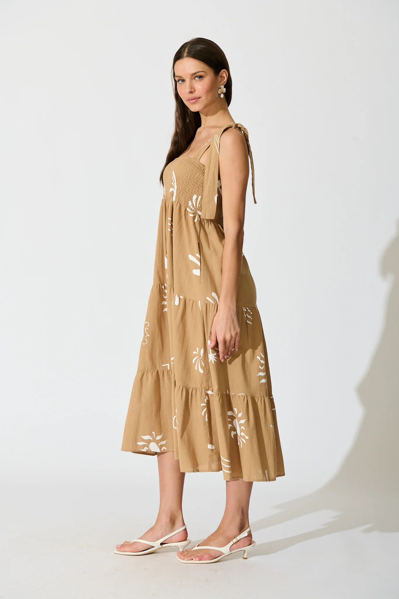 Alexea Midi Sundress in Camel with White Print Cotton - Image 3