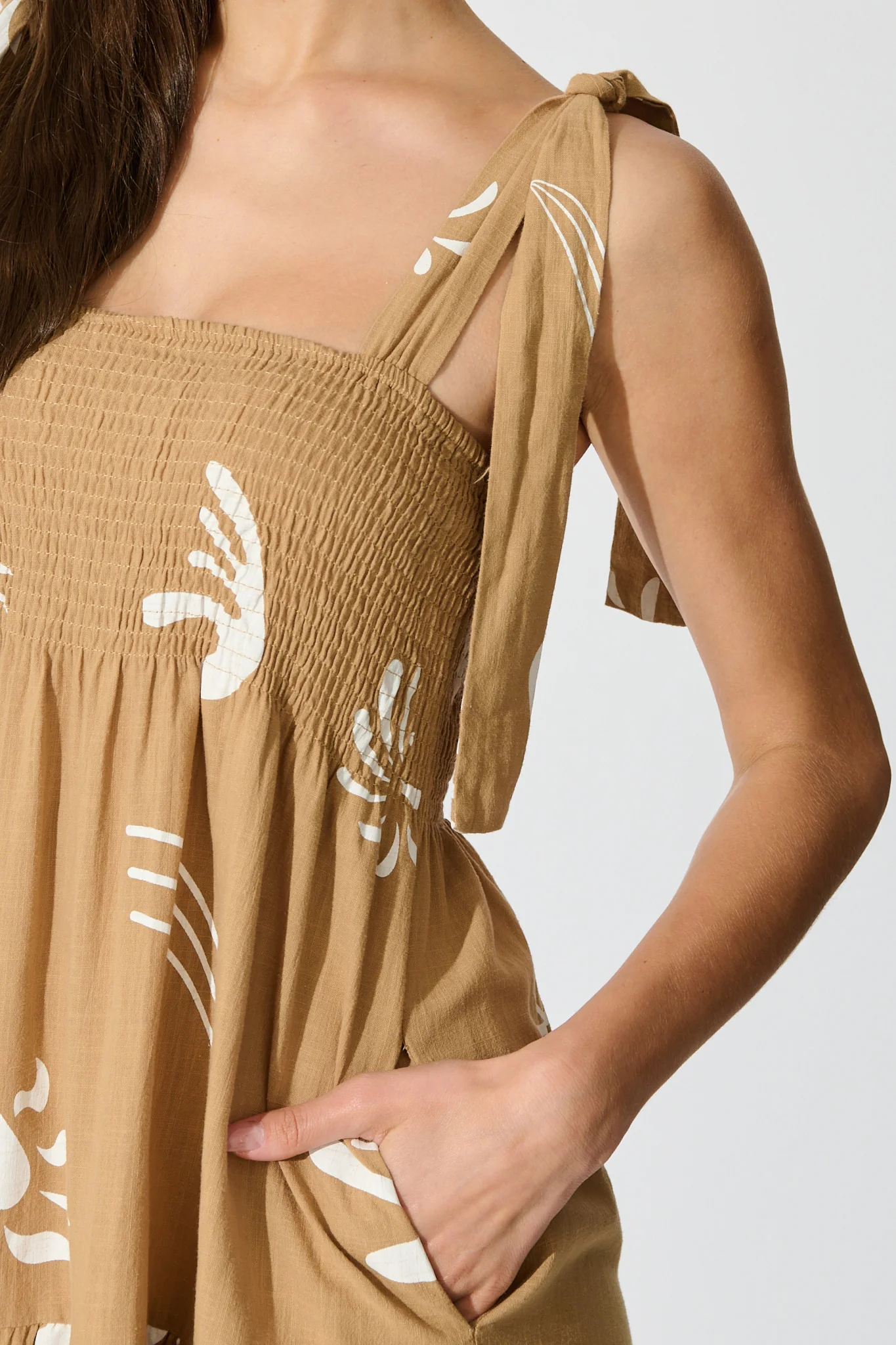 Alexea Midi Sundress in Camel with White Print Cotton - Image 5