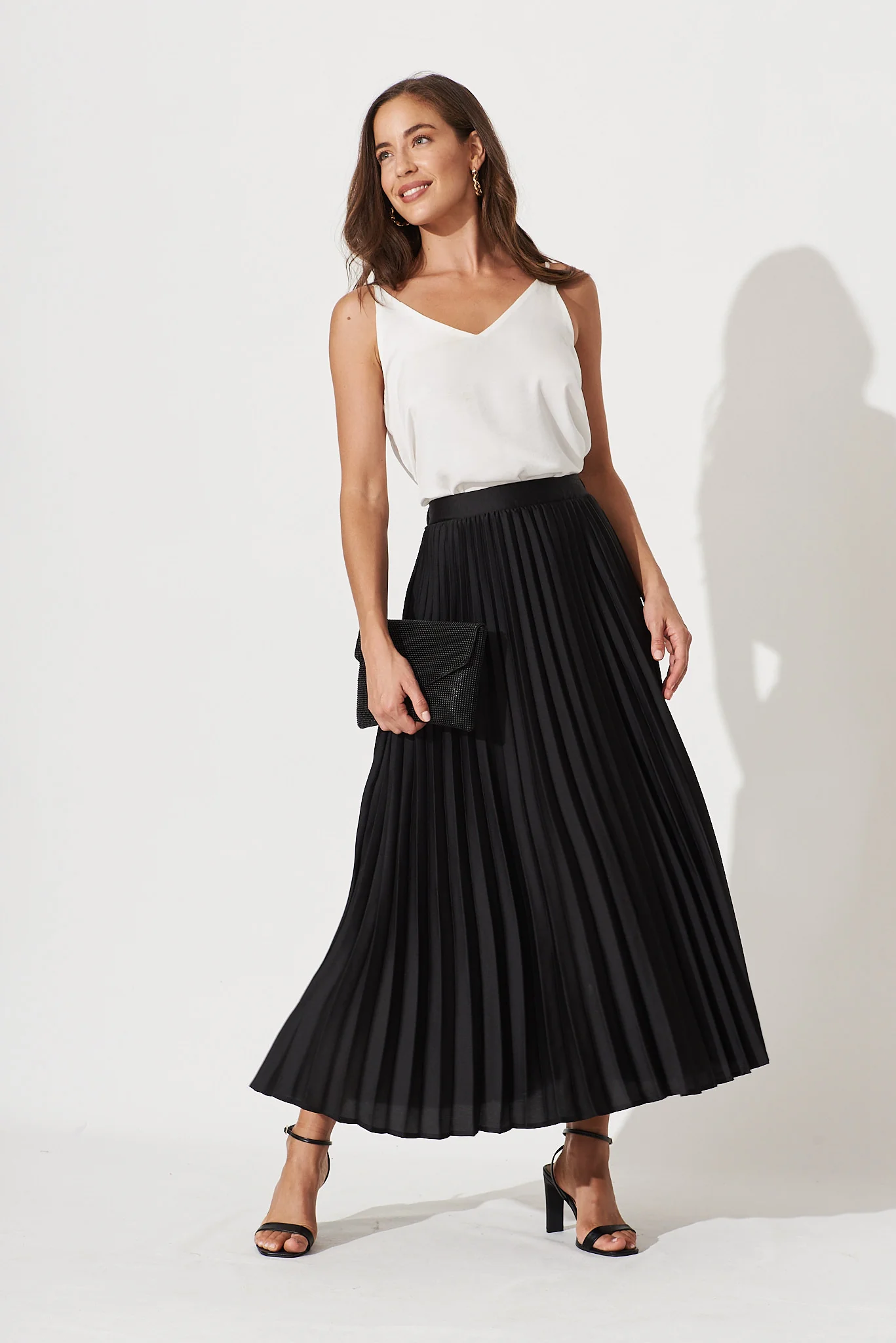 Allison Midi Pleat Skirt In Black Satin - Image 5