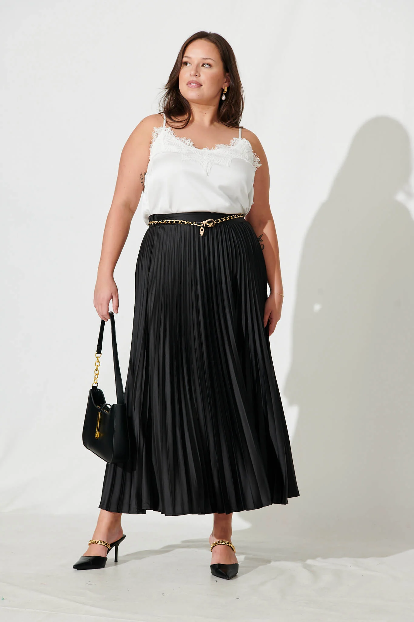 Allison Midi Pleat Skirt In Black Satin - Image 7