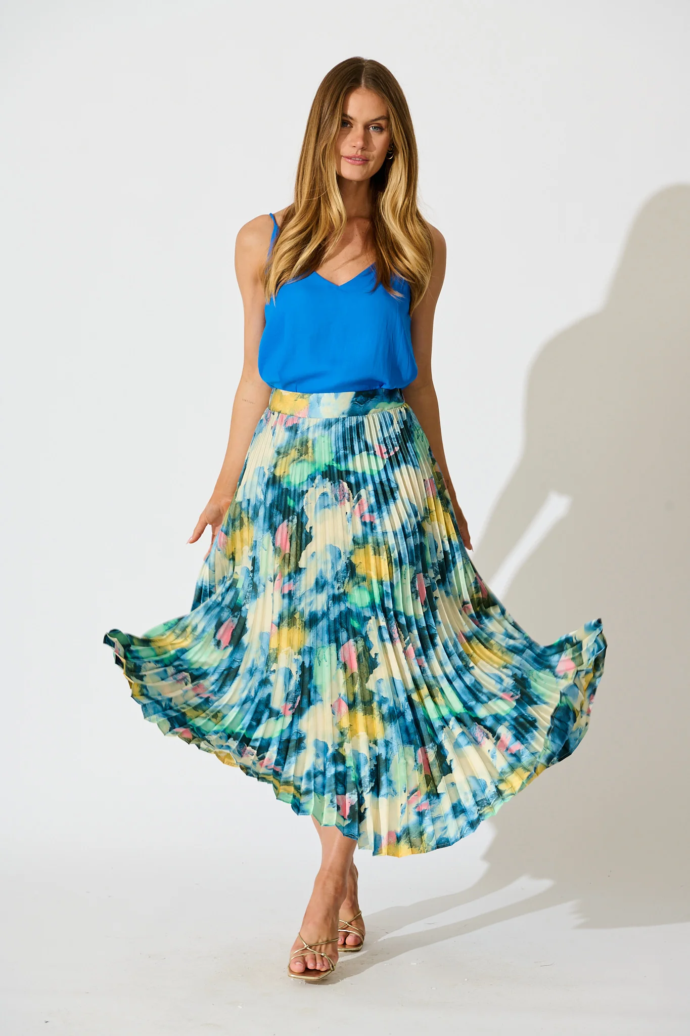 Allison Midi Pleat Skirt in Blue Multi Watercolour Satin - Image 4