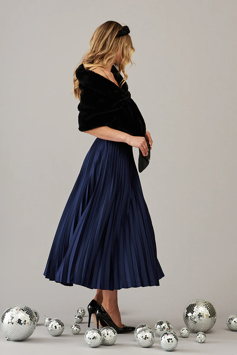 Allison Midi Pleat Skirt In Navy Satin - Image 13
