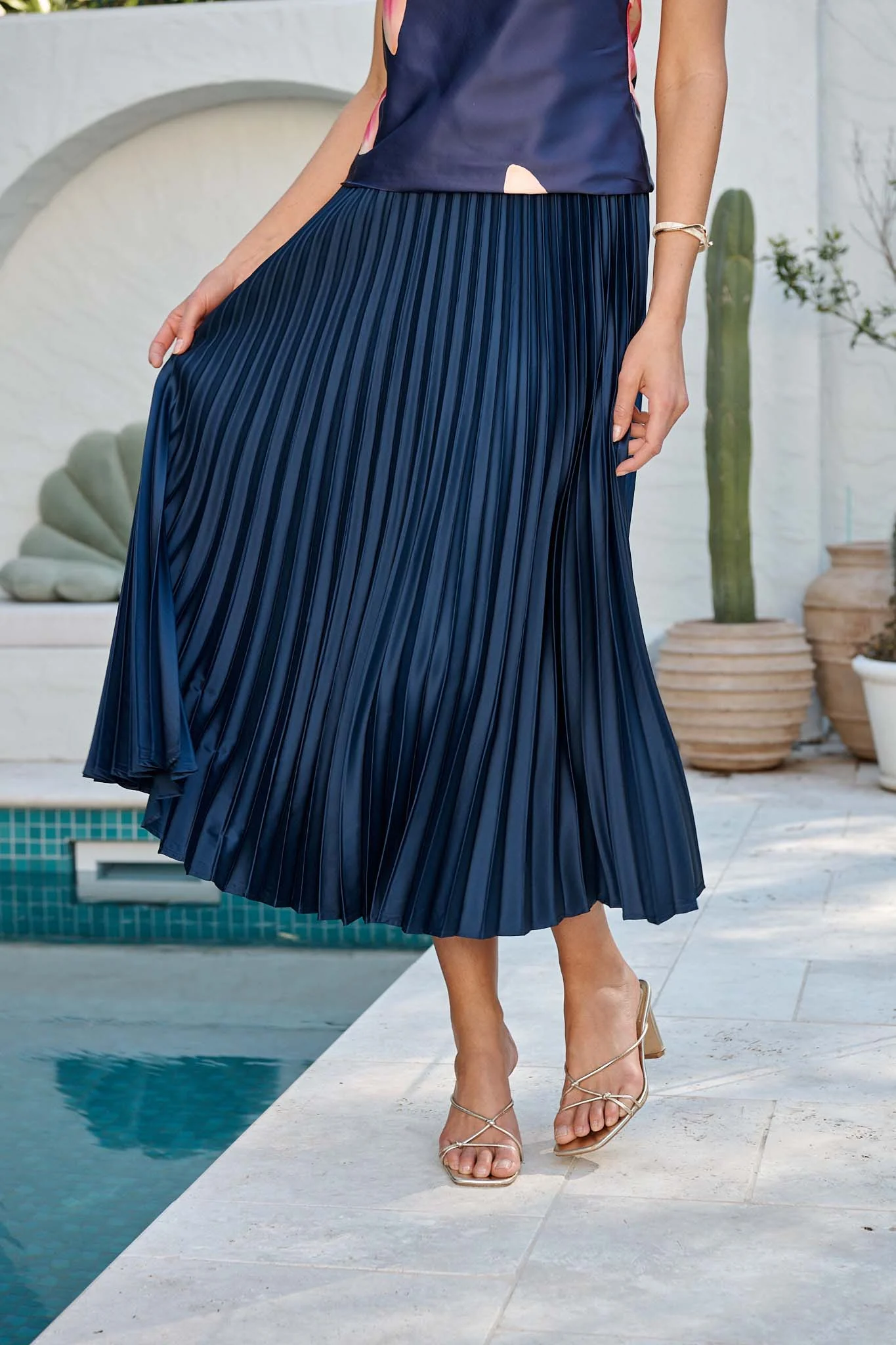 Allison Midi Pleat Skirt In Navy Satin - Image 3