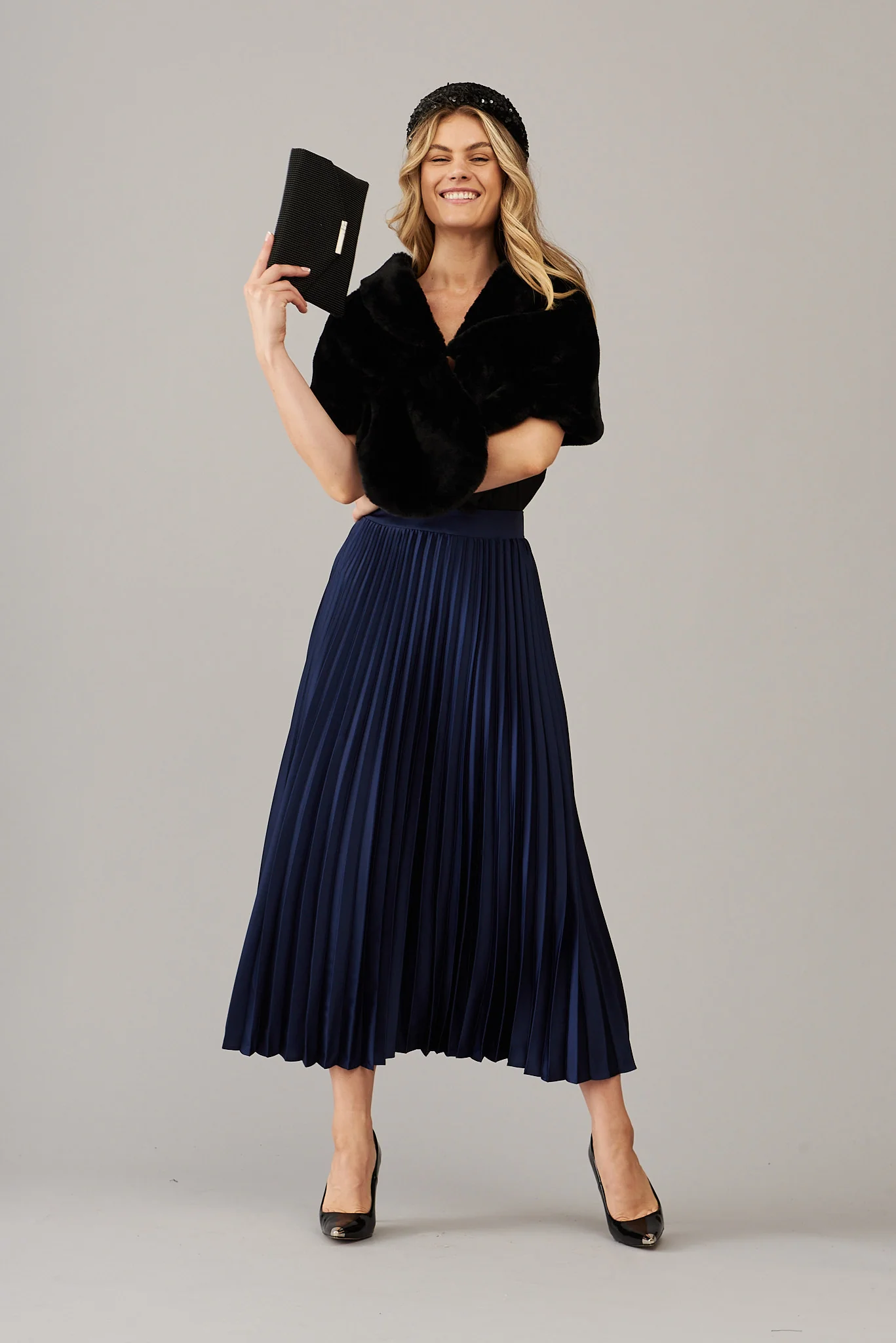 Allison Midi Pleat Skirt In Navy Satin - Image 4