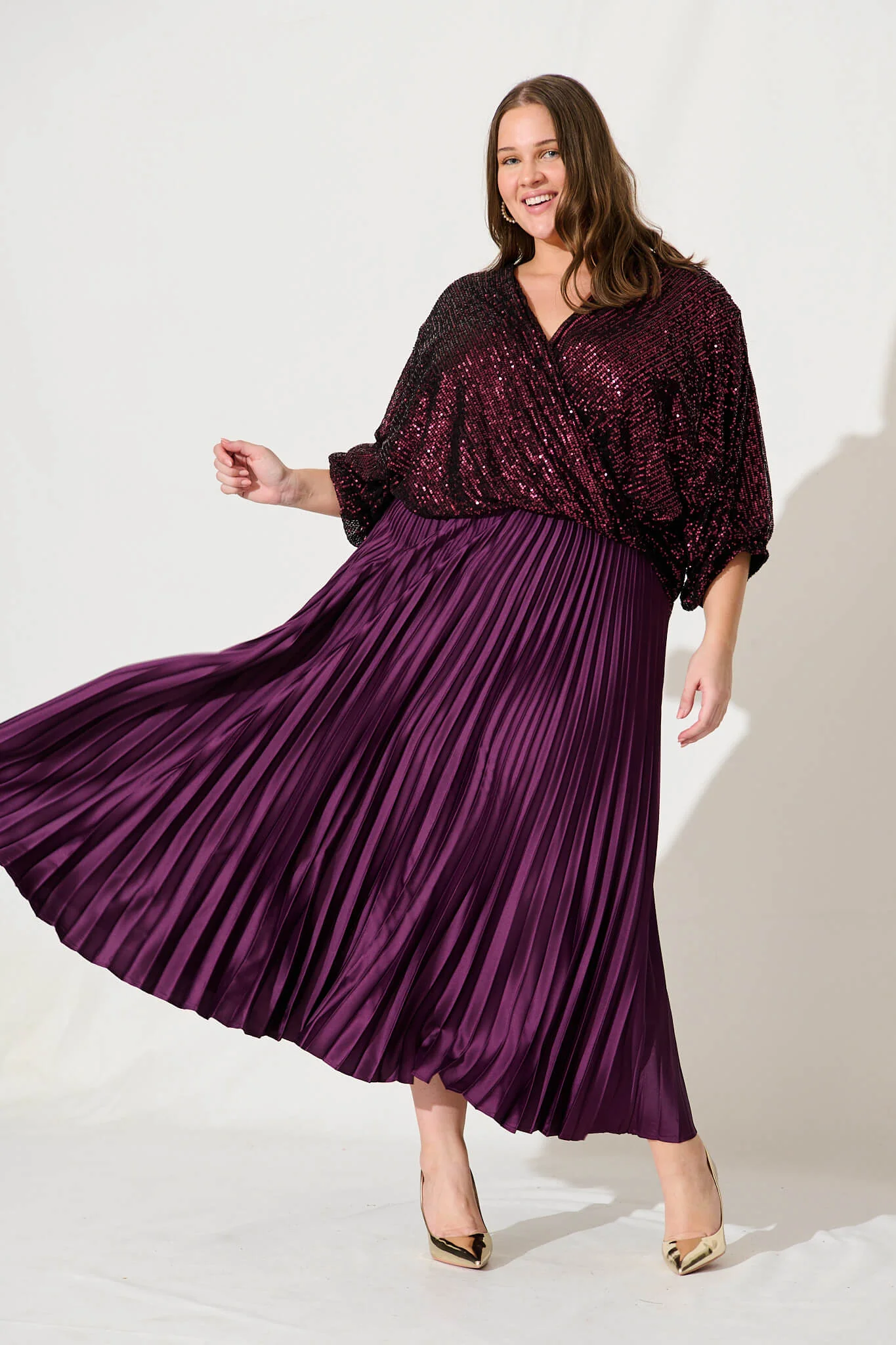 Allison Midi Pleat Skirt In Plum Satin - Image 7