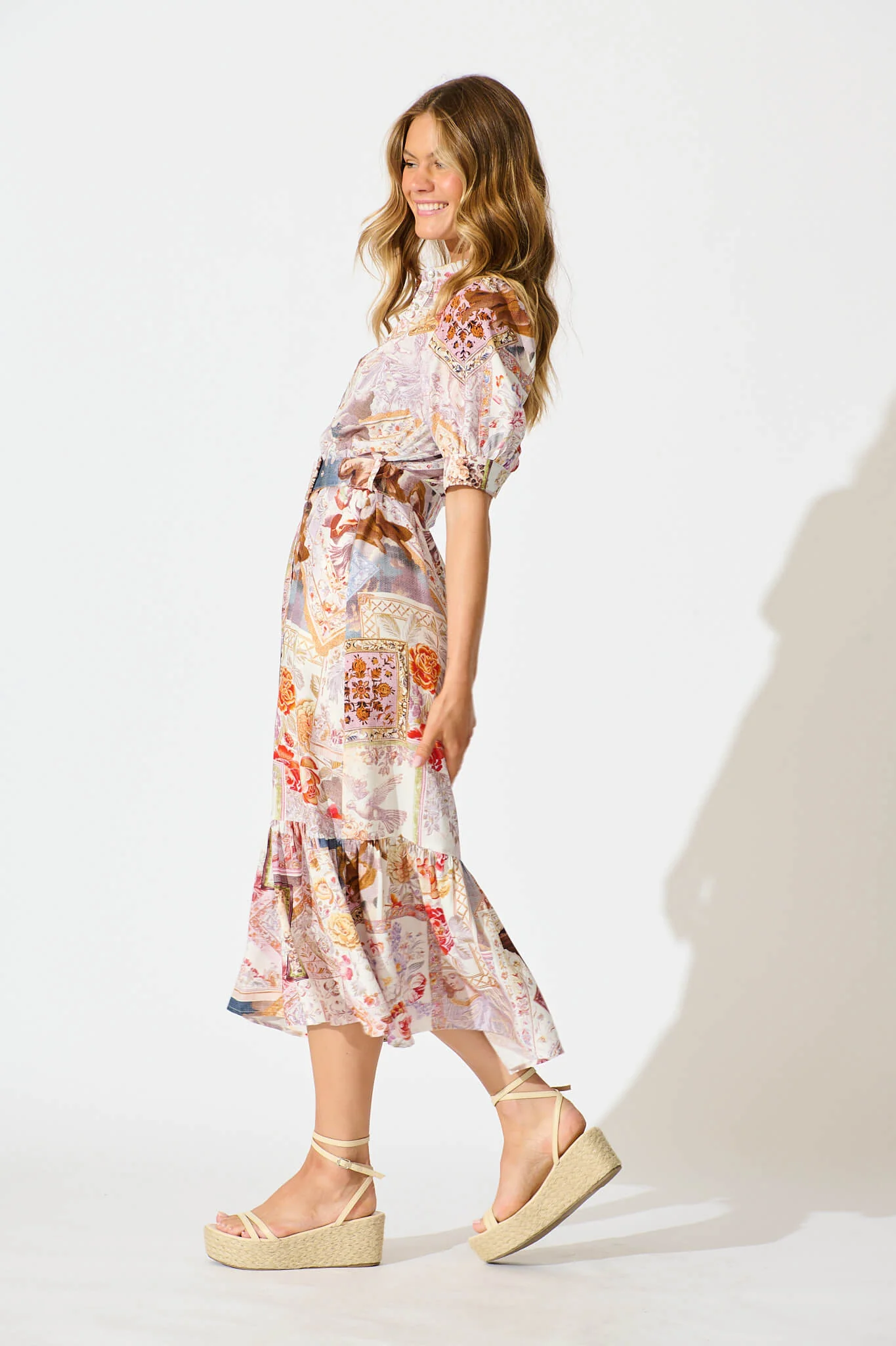 Allyna Midi Shirt Dress in White Multi Patchwork - Image 3