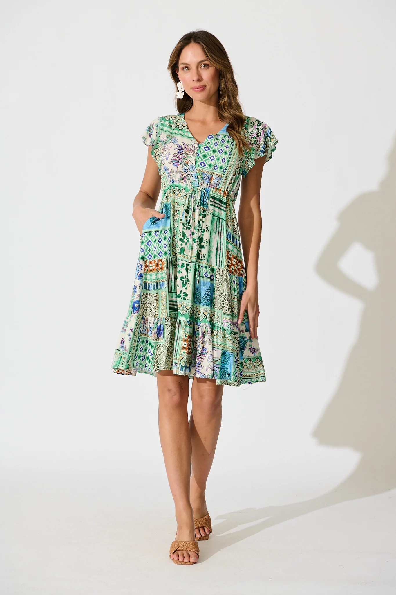 Allyza Dress in Green Multi Patchwork Print