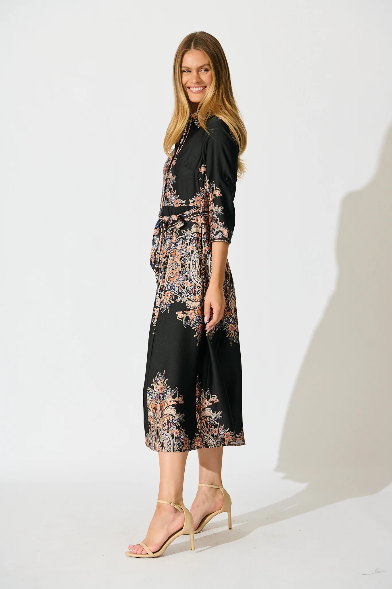 Alvana Midi Shirt Dress in Black and Multi Print Satin - Image 3