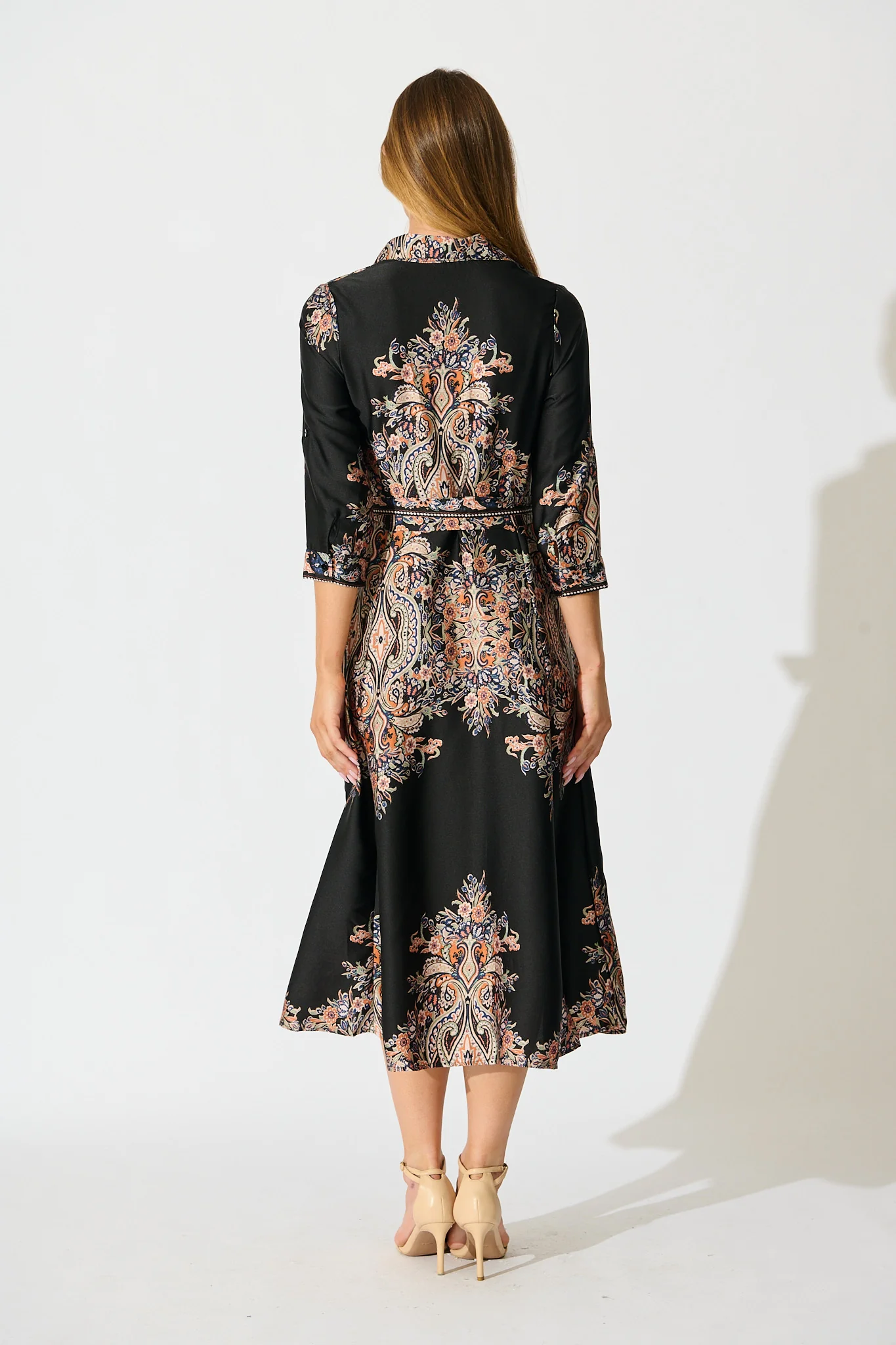 Alvana Midi Shirt Dress in Black and Multi Print Satin - Image 4