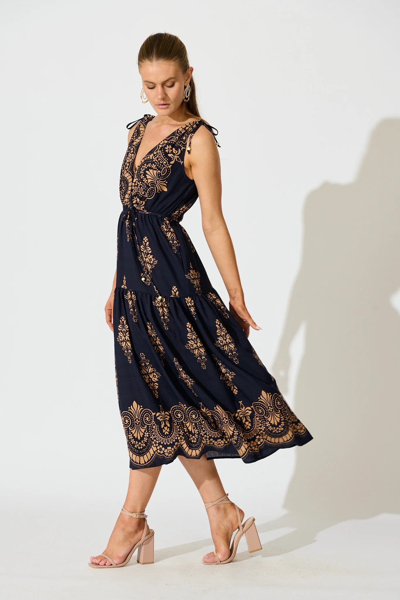 Amabelle Midi Dress in Navy with Tan Boho Linen Blend - Image 3