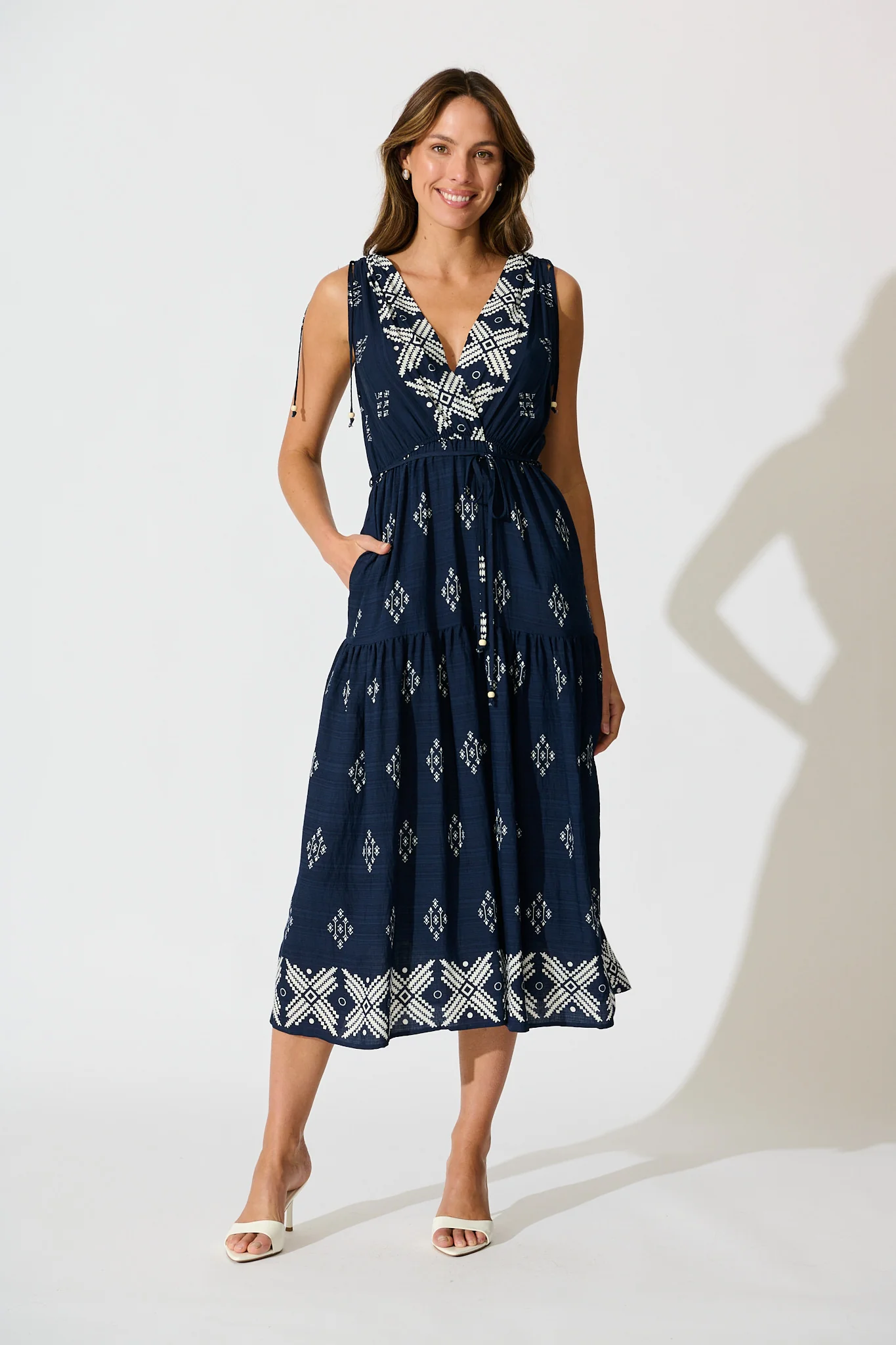 Amabelle Midi Dress in Navy with White Border Linen Blend