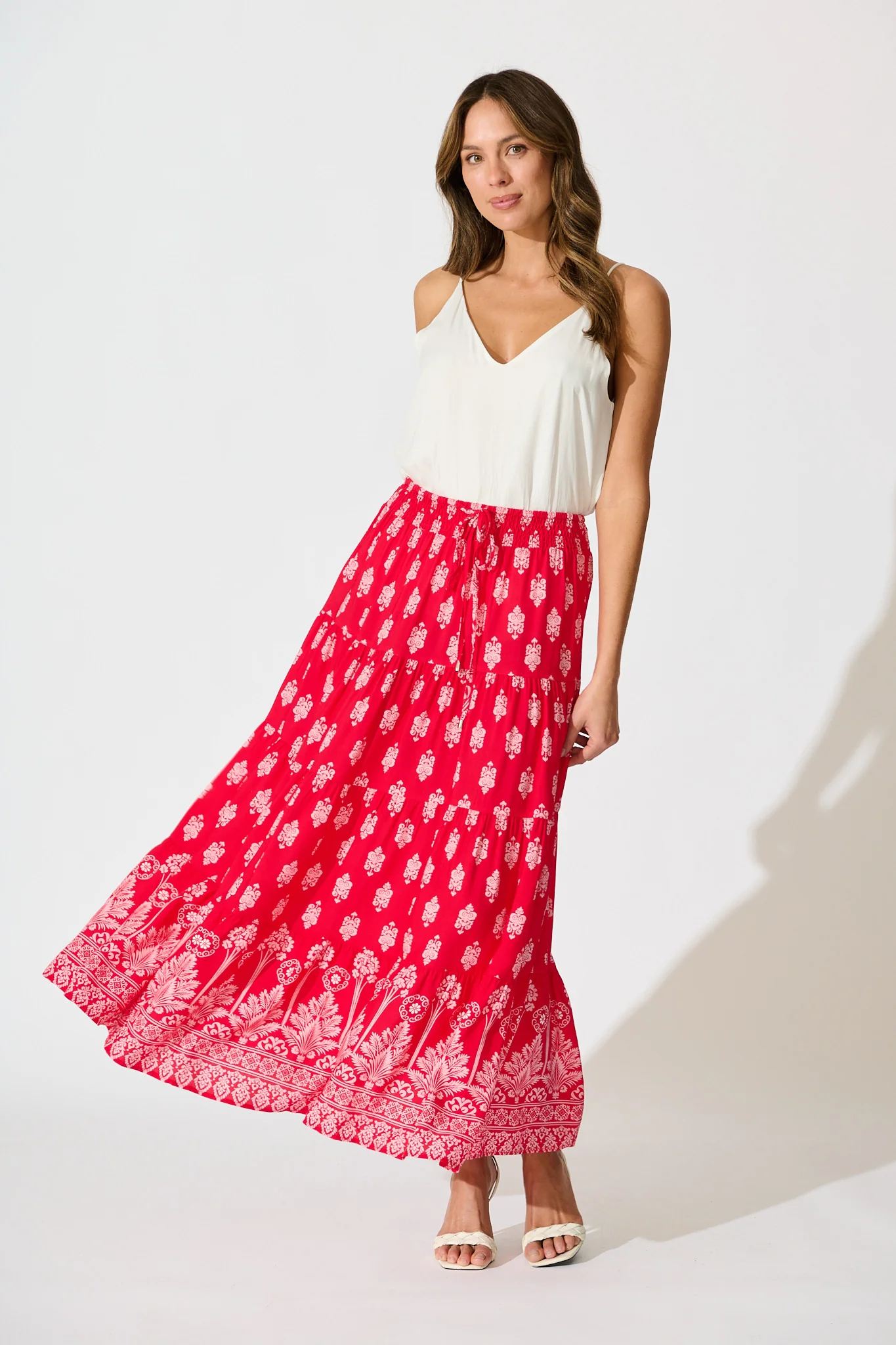 Amadi Maxi Skirt in Red with Pink Boho Print - Image 4