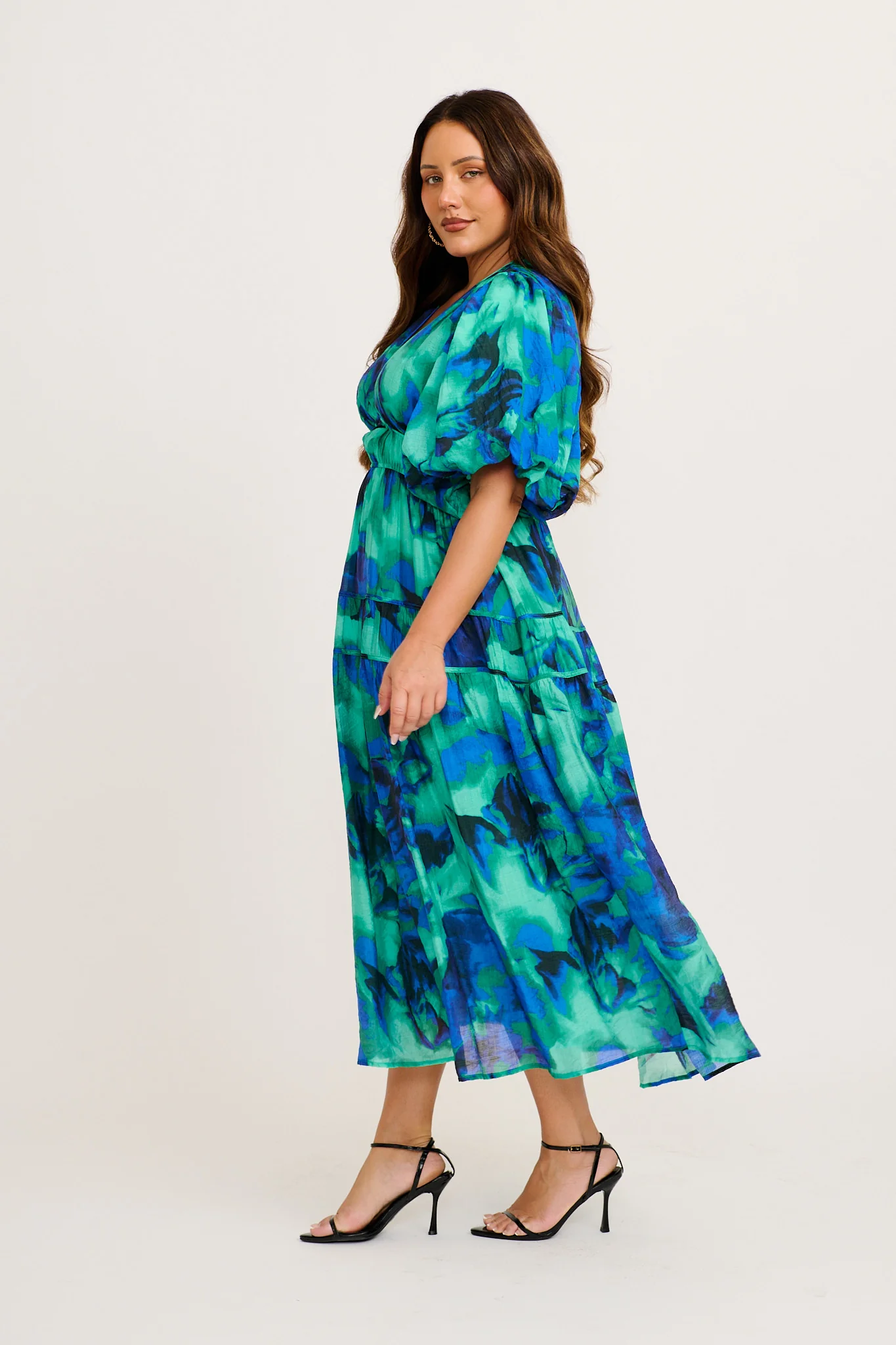 Amalie Midi Dress in Blue and Green Watercolour Print - Image 3