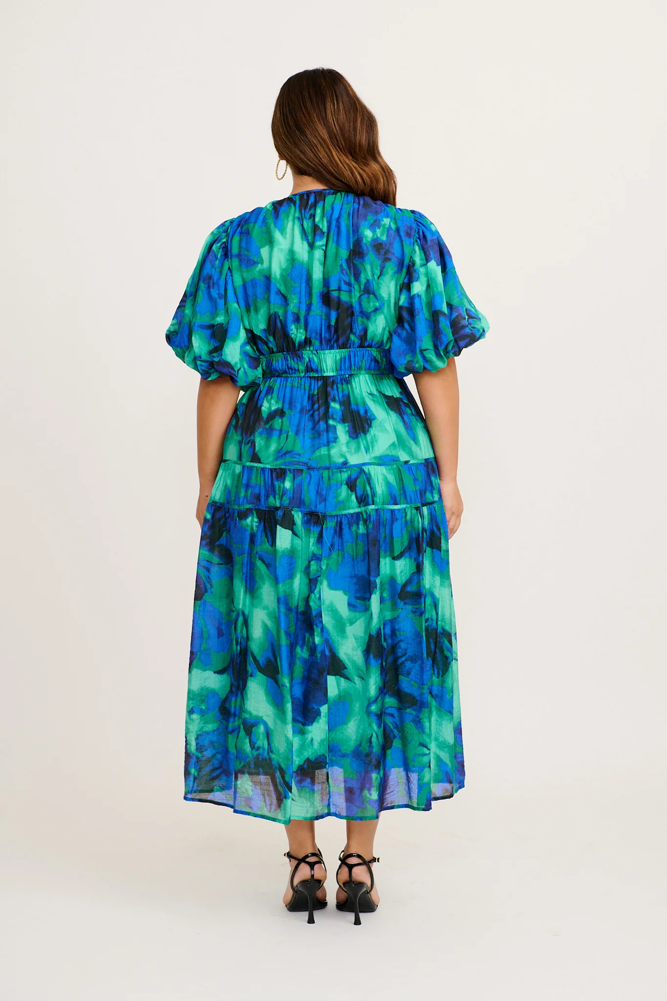 Amalie Midi Dress in Blue and Green Watercolour Print - Image 4
