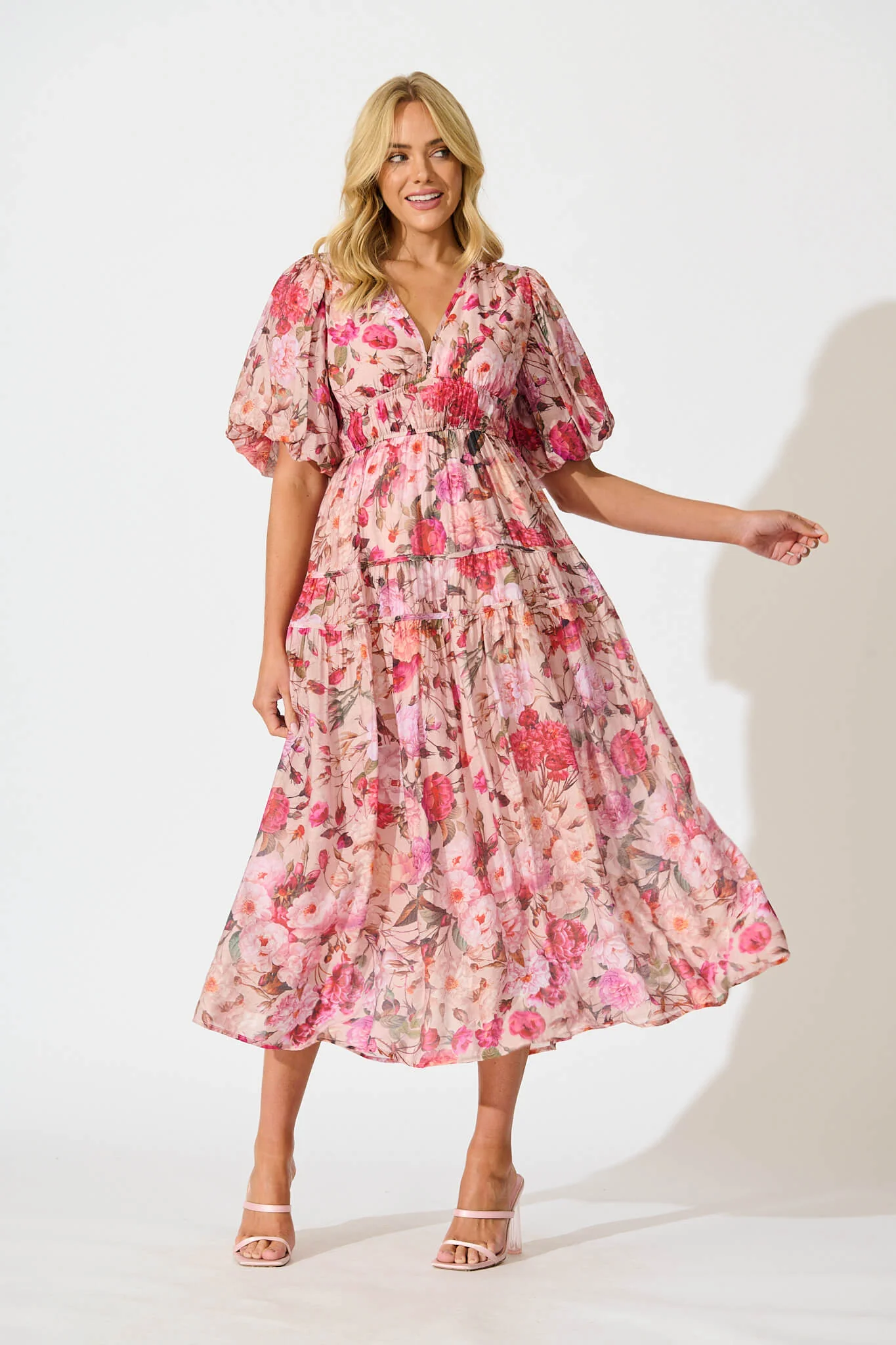 Amalie Midi Dress In Vintage Blush Floral Print