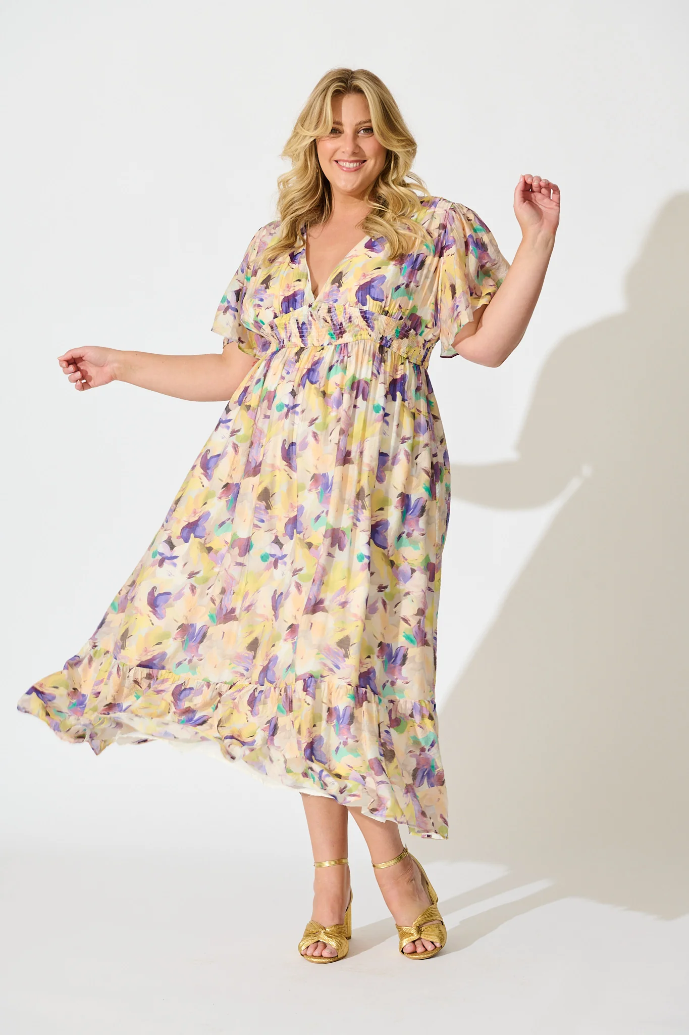 Amara Petal Midi Dress in Mustard Multi Watercolour Floral - Image 7