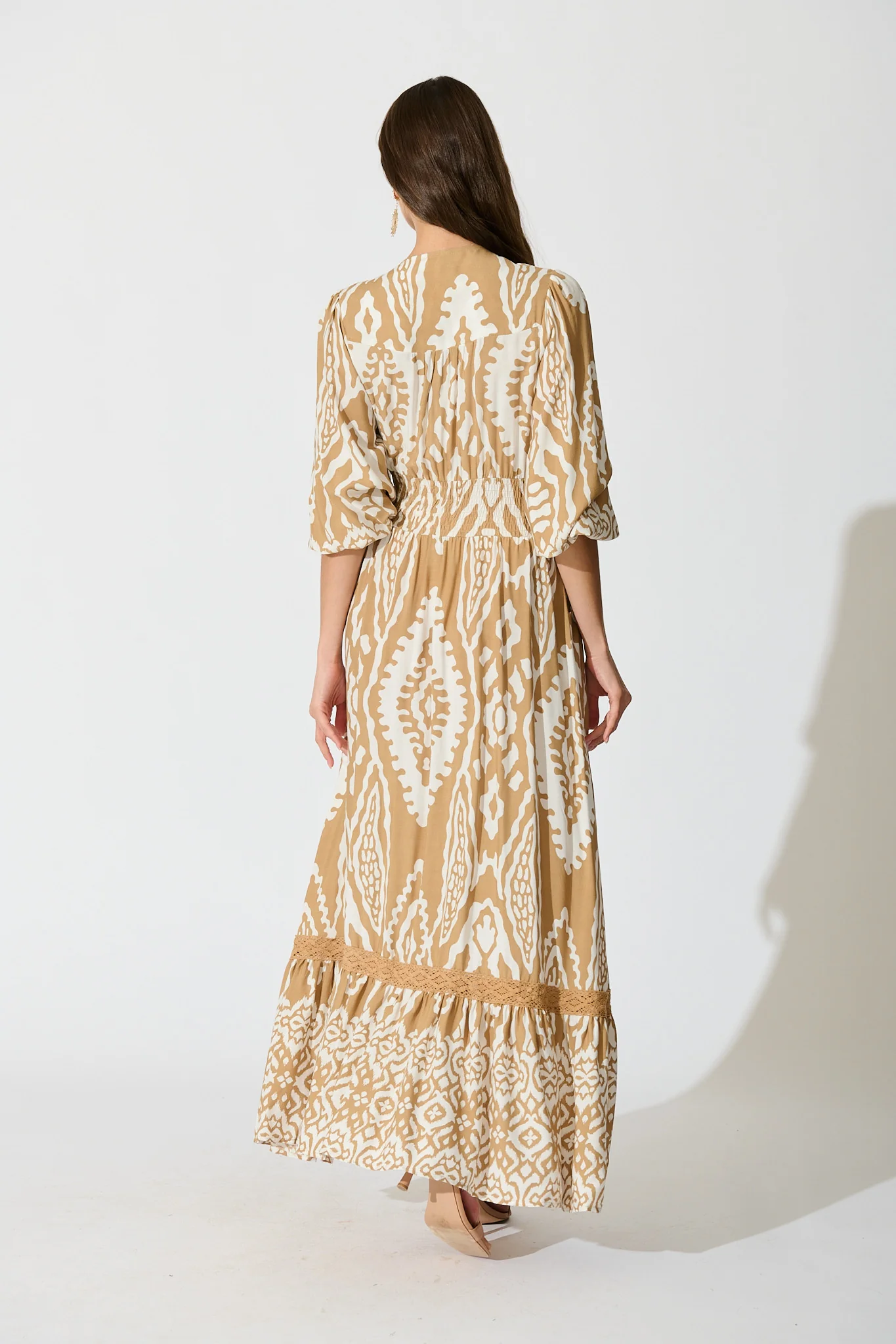 Amarie Maxi Dress in Beige and White Boho Print - Image 4