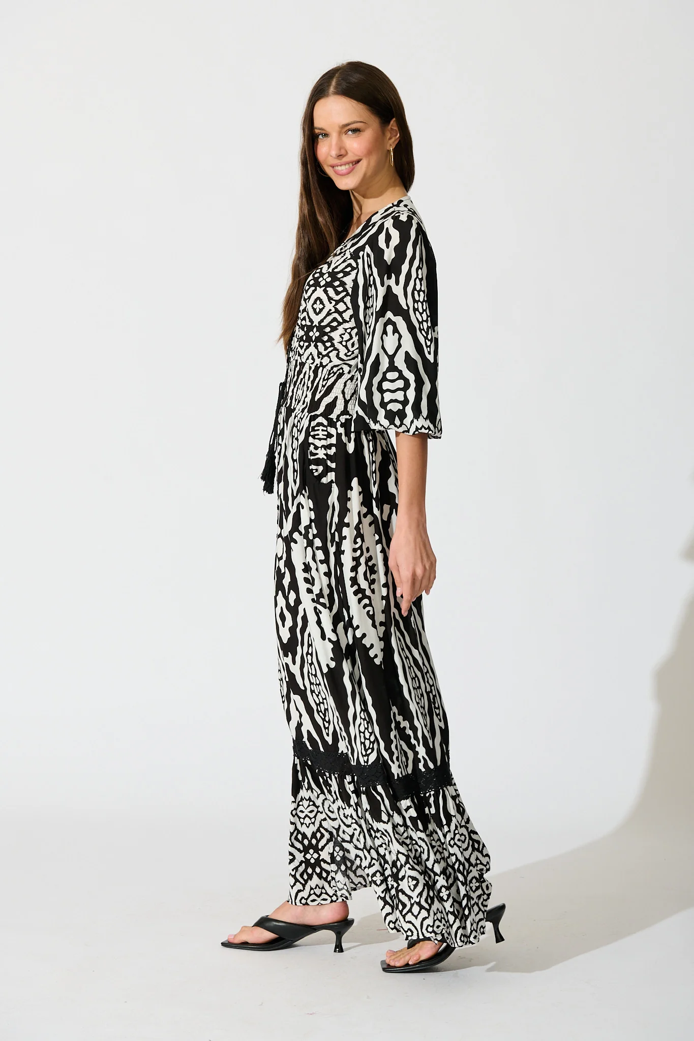 Amarie Maxi Dress in Black and White Boho Print - Image 3