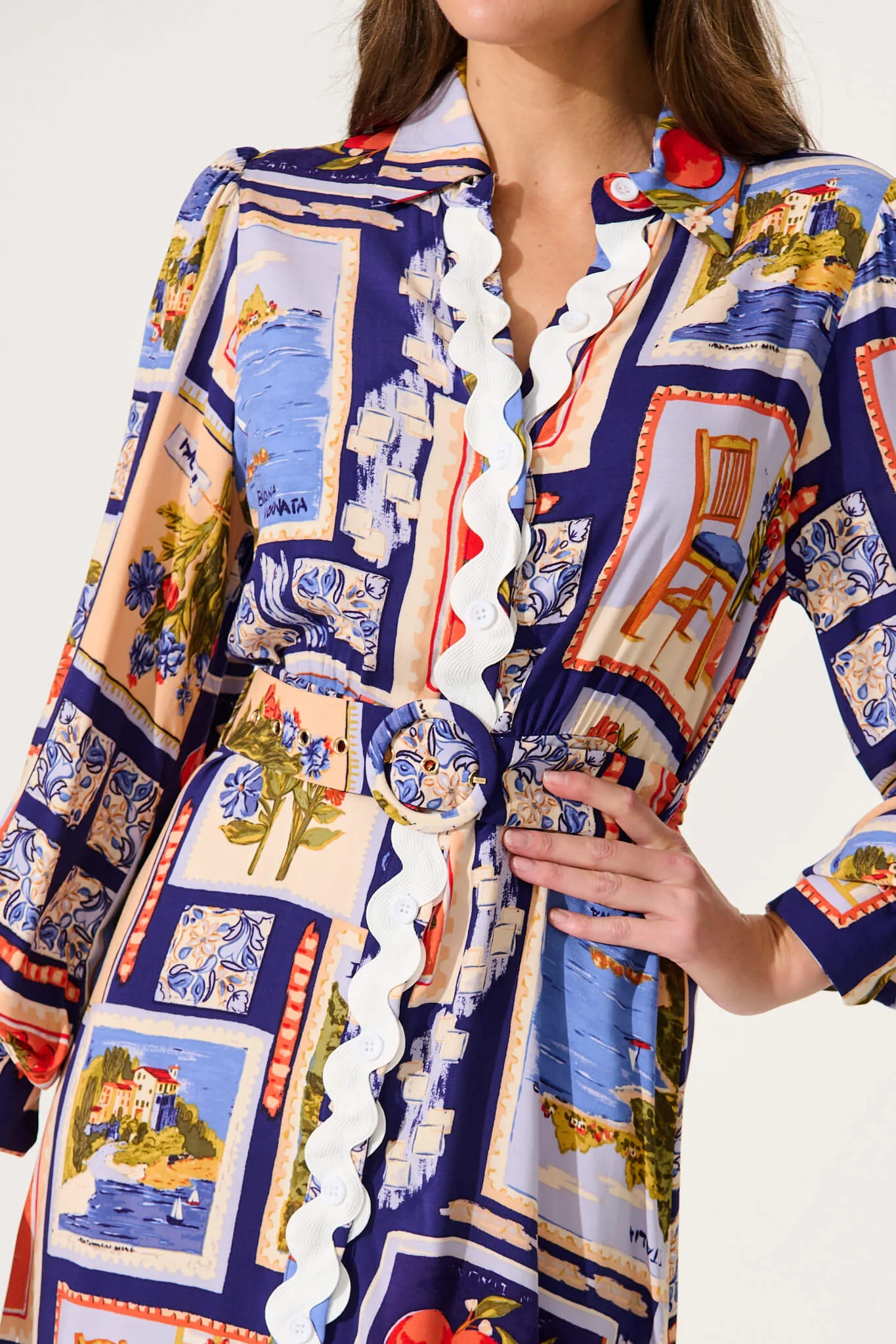 Amico Dress In Blue Multi Postcard Print - Image 5