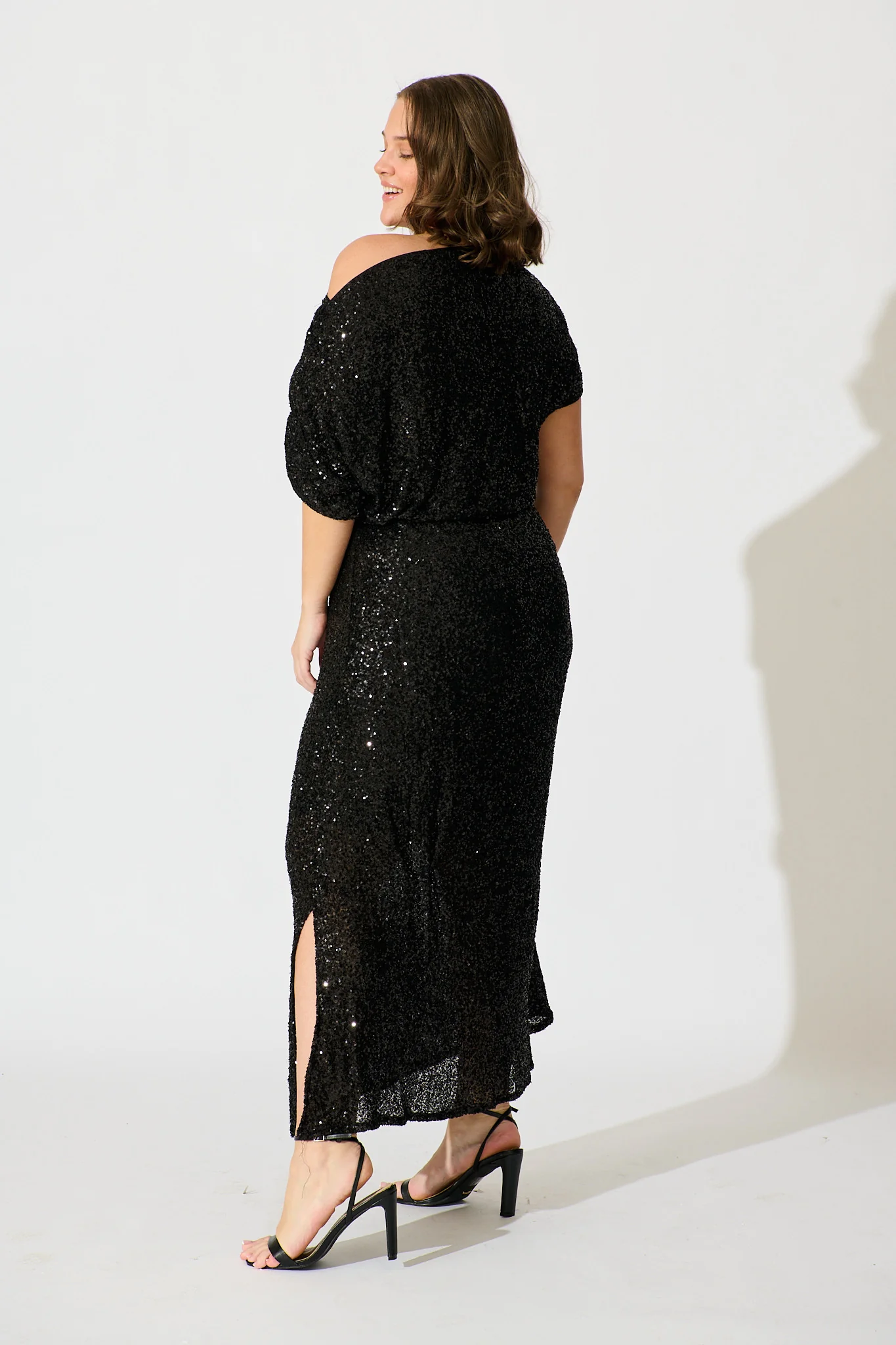 Amiri Off Shoulder Maxi Dress in Black Sequin - Image 13