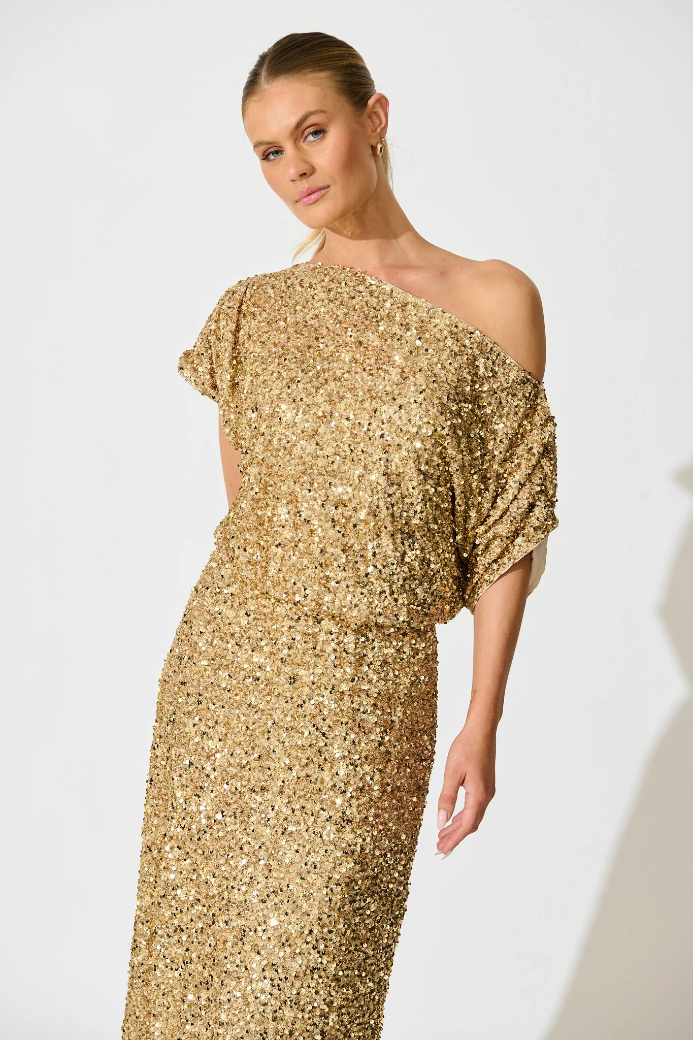 Amiri Off Shoulder Maxi Dress in Gold Sequin - Image 7