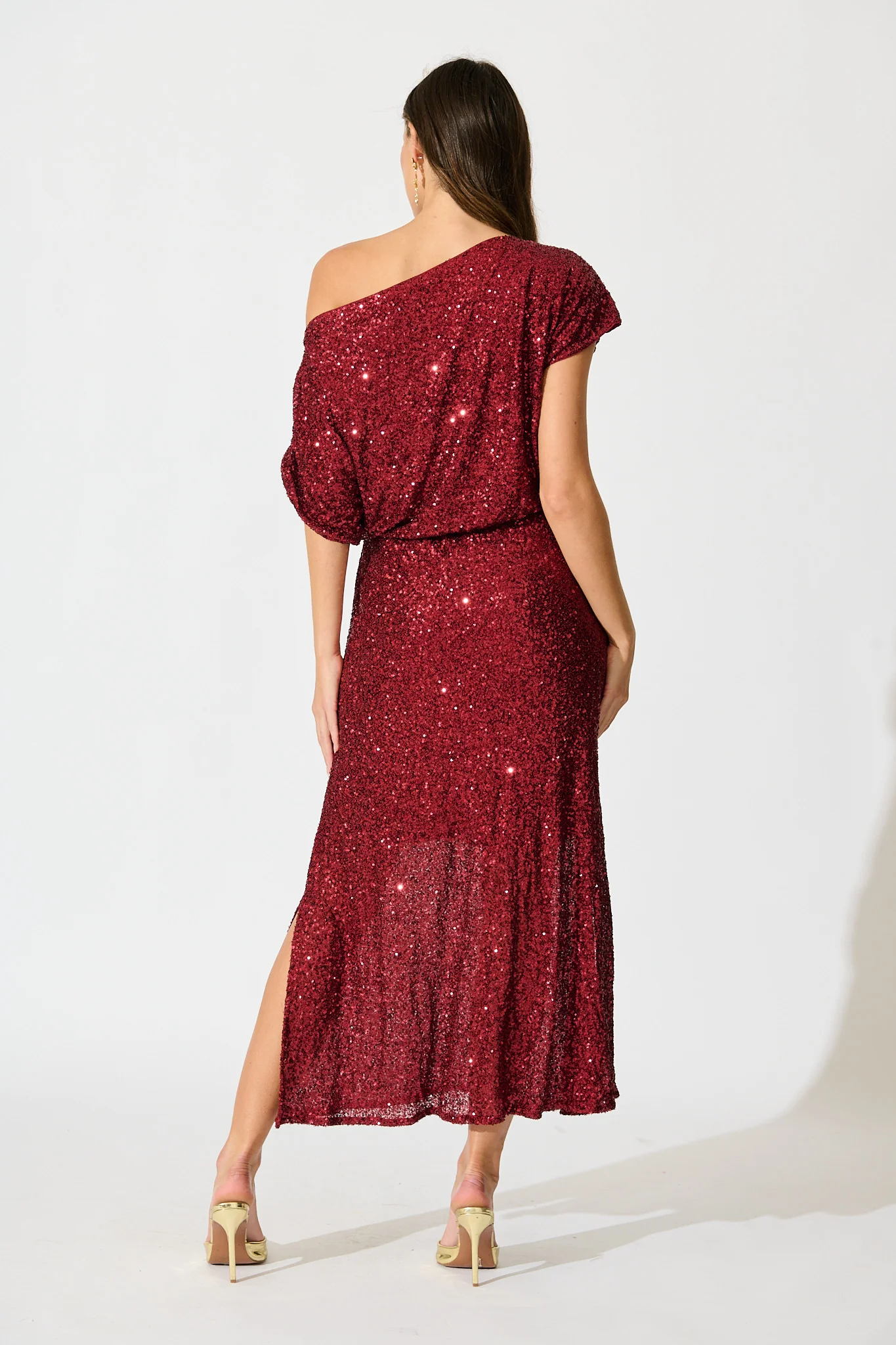 Amiri Off Shoulder Maxi Dress in Wine Sequin - Image 4