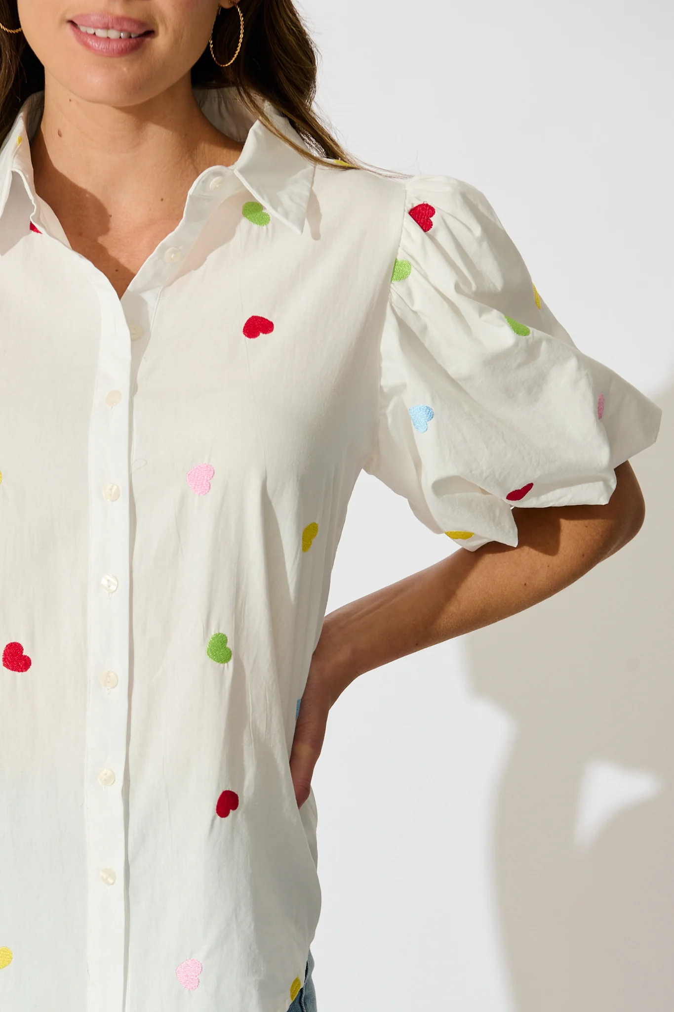 Amore Heart Shirt in White with Multi Heart Embroidered Cotton - Image 5