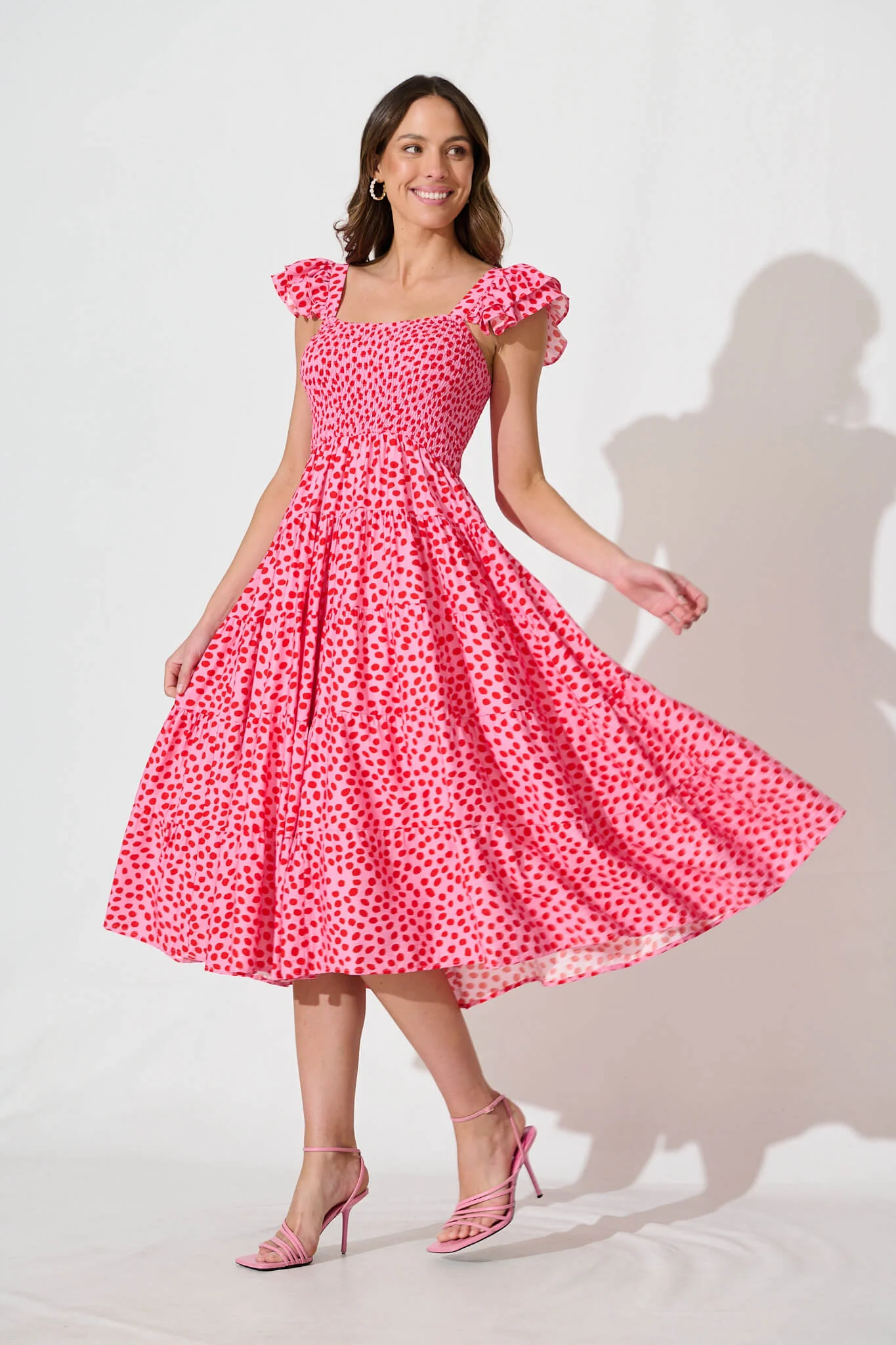 Anastasia Midi Dress In Pink With Red Speckle - Image 3