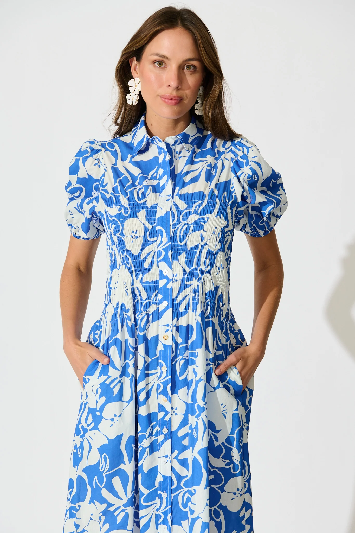 Andra Maxi Shirt Dress in Blue and White Floral Cotton - Image 2