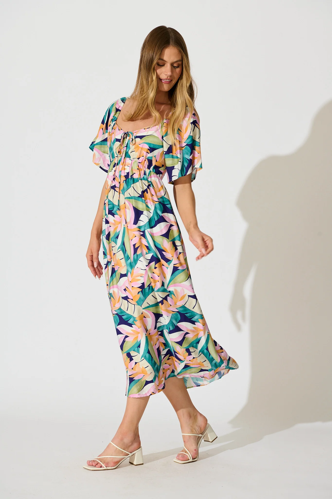 Anemone Midi Dress in Multi Leaf Print - Image 3