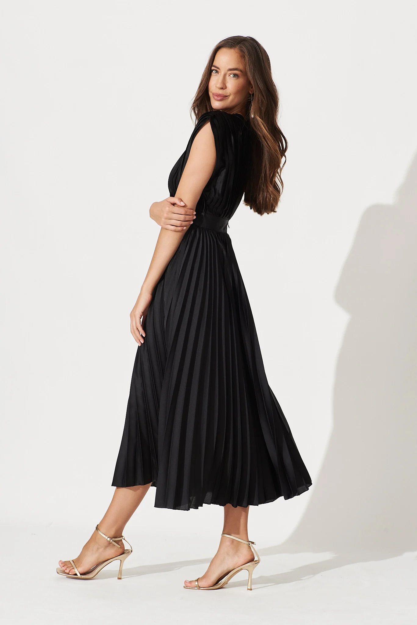 Anetta Midi Dress In Pleated Black Satin - Image 3