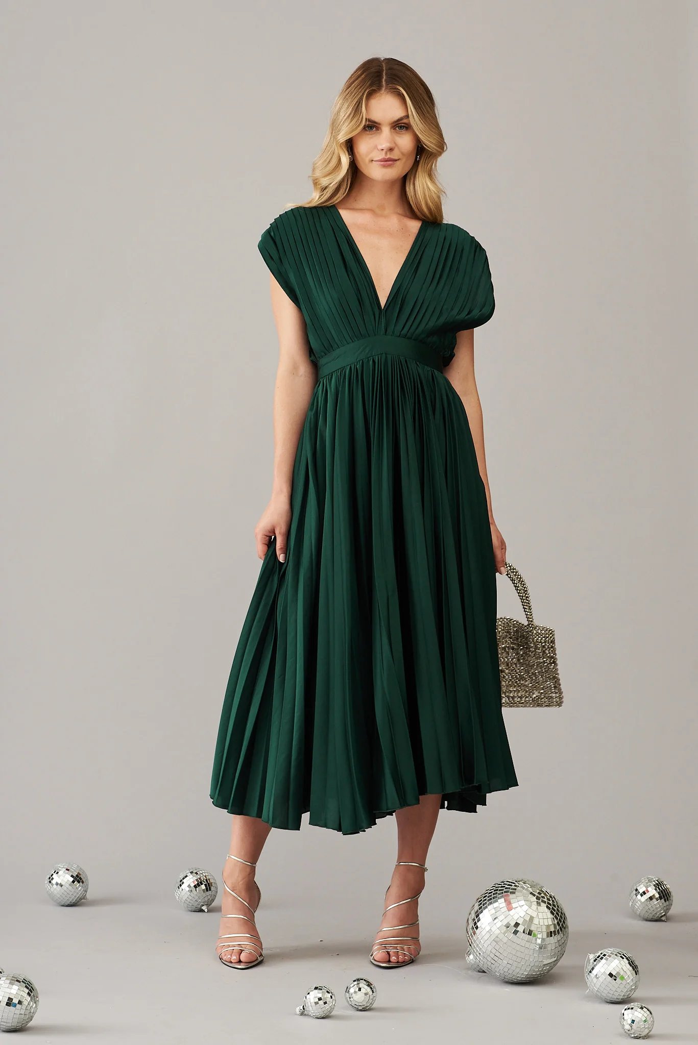 Anetta Midi Dress In Pleated Emerald Satin - Image 6