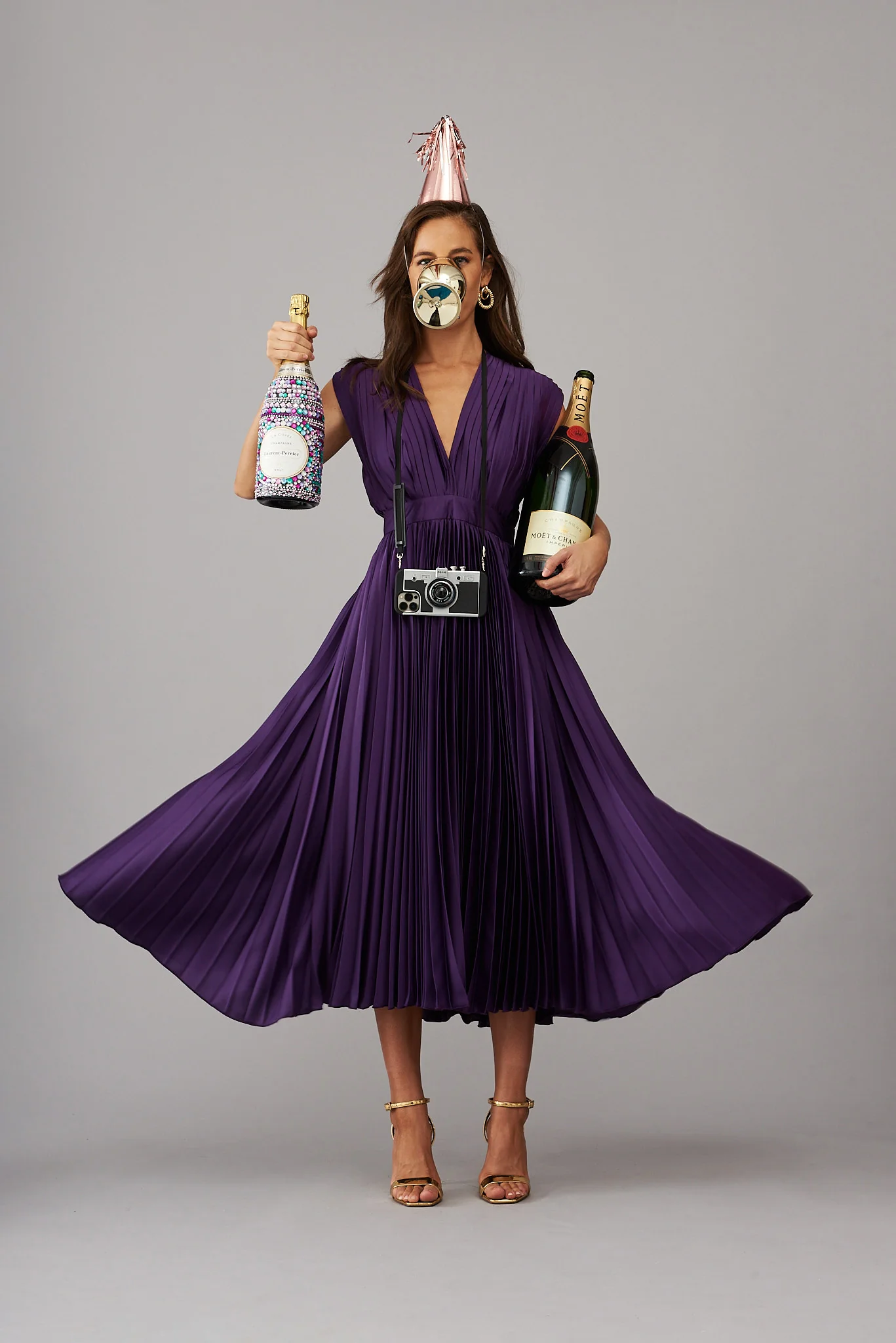 Anetta Midi Dress In Pleated In Purple Satin