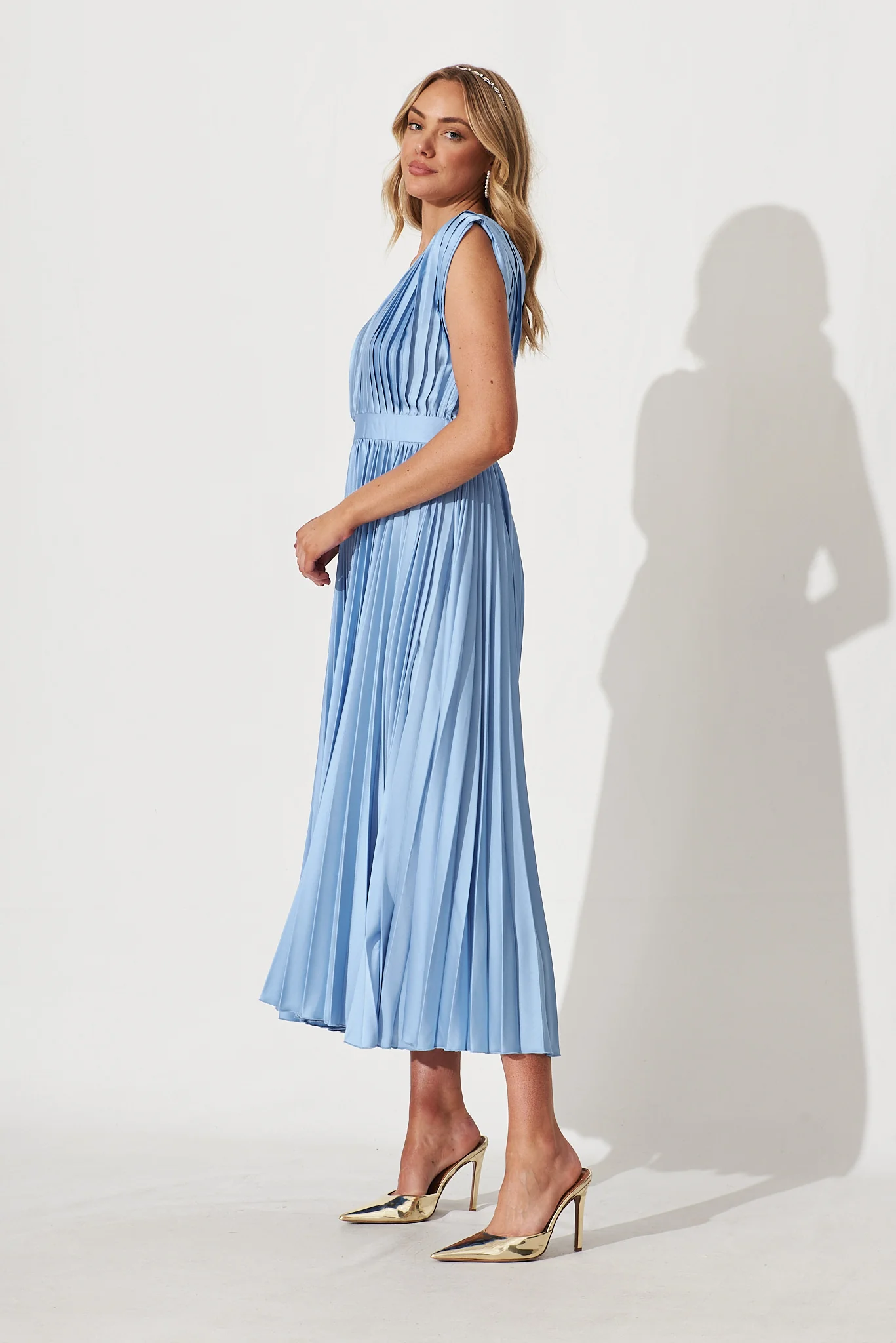 Anette Midi Dress In Pleated Pale Blue Satin - Image 3