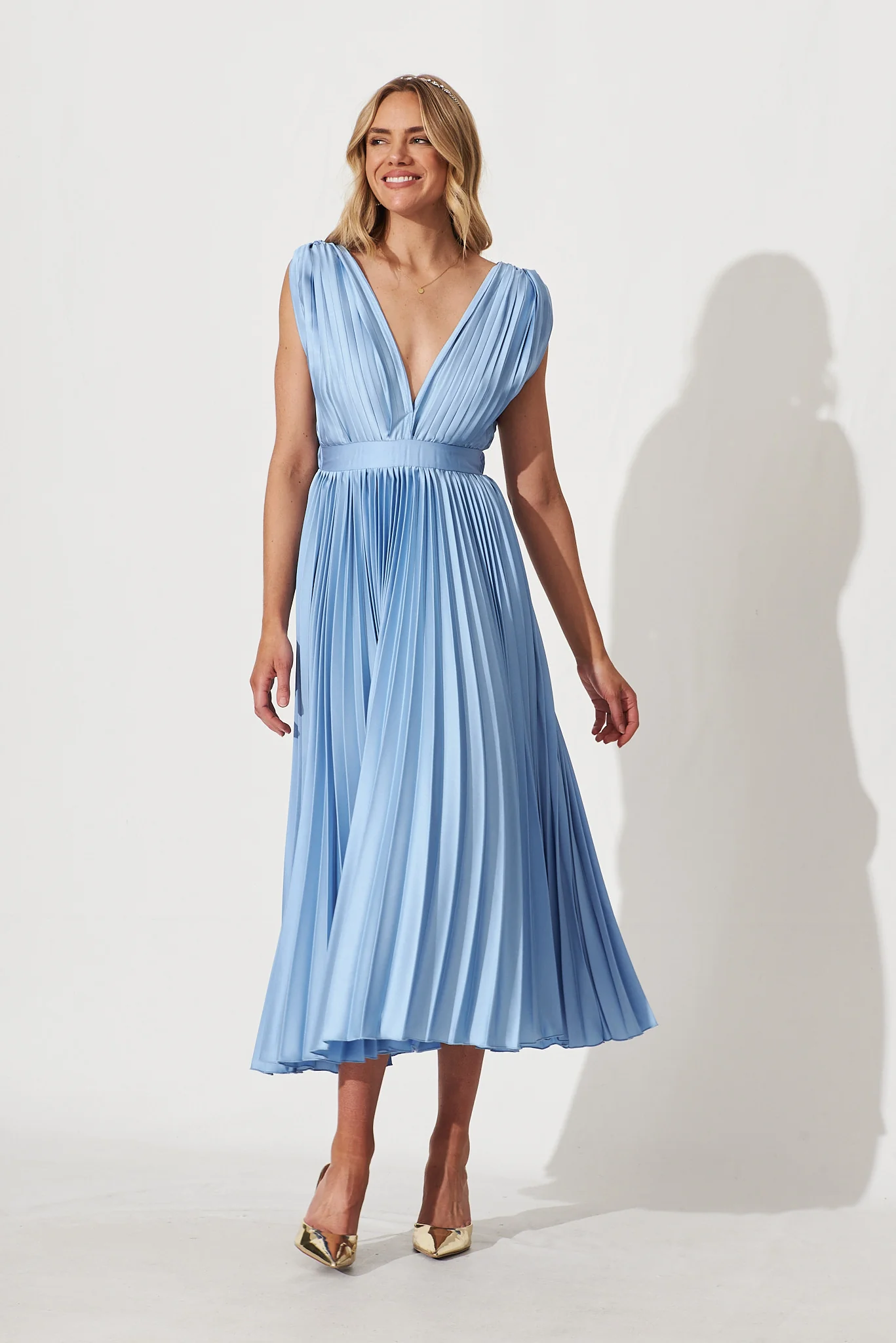 Anette Midi Dress In Pleated Pale Blue Satin - Image 5