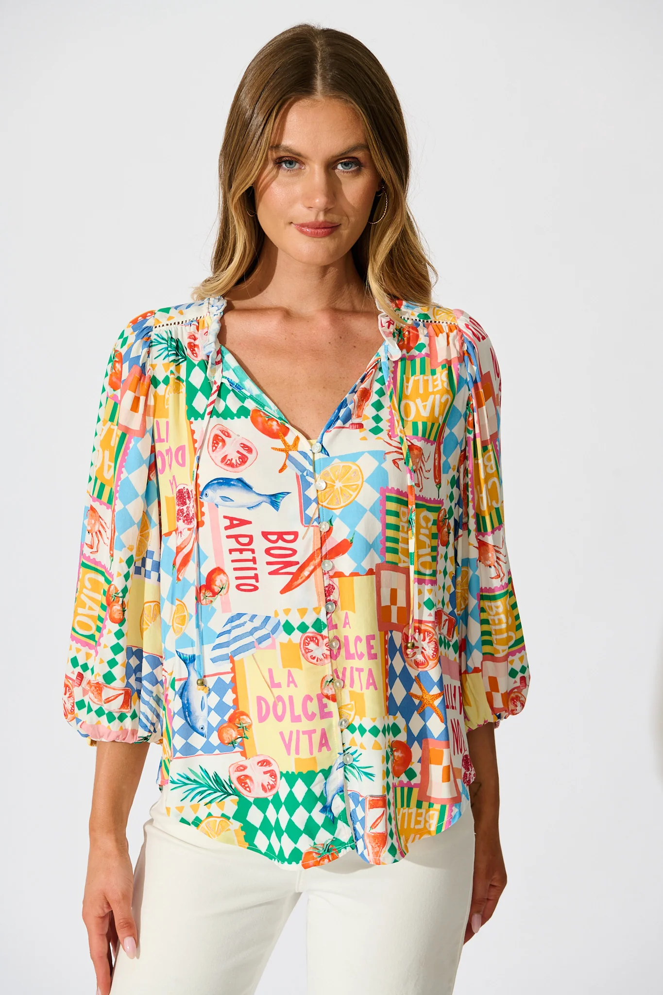 Annelie Top in White Multi Conversational Print - Image 3