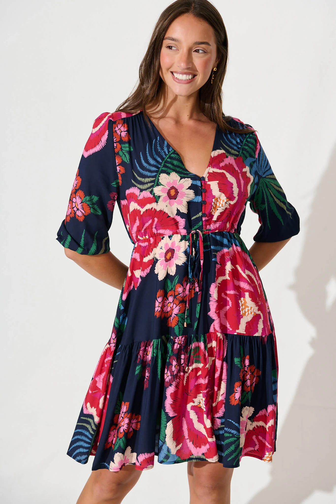 Apollo Dress In Navy With Red Floral Print - Image 2