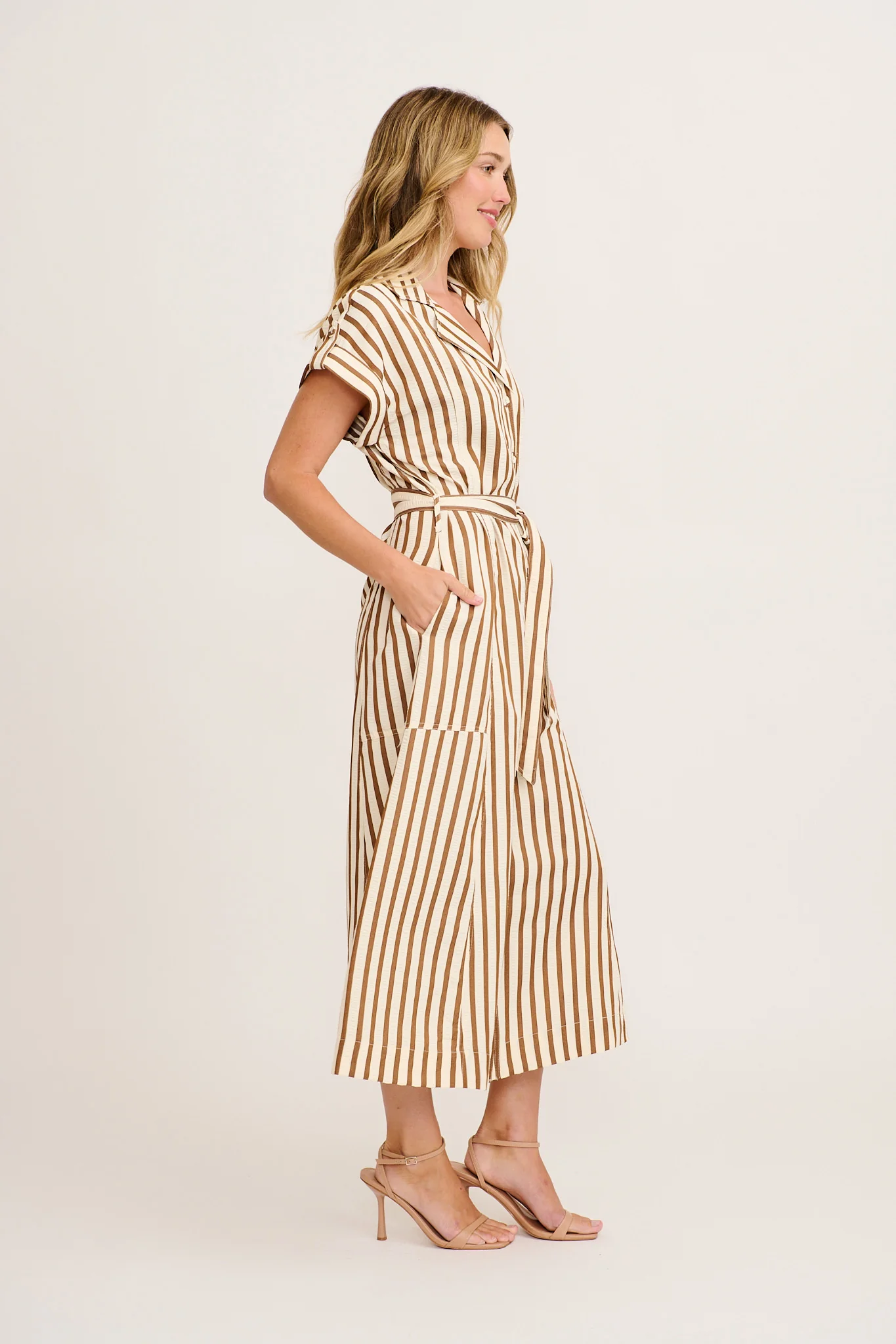 Arcadia Maxi Shirt Dress in Brown Stripe - Image 3