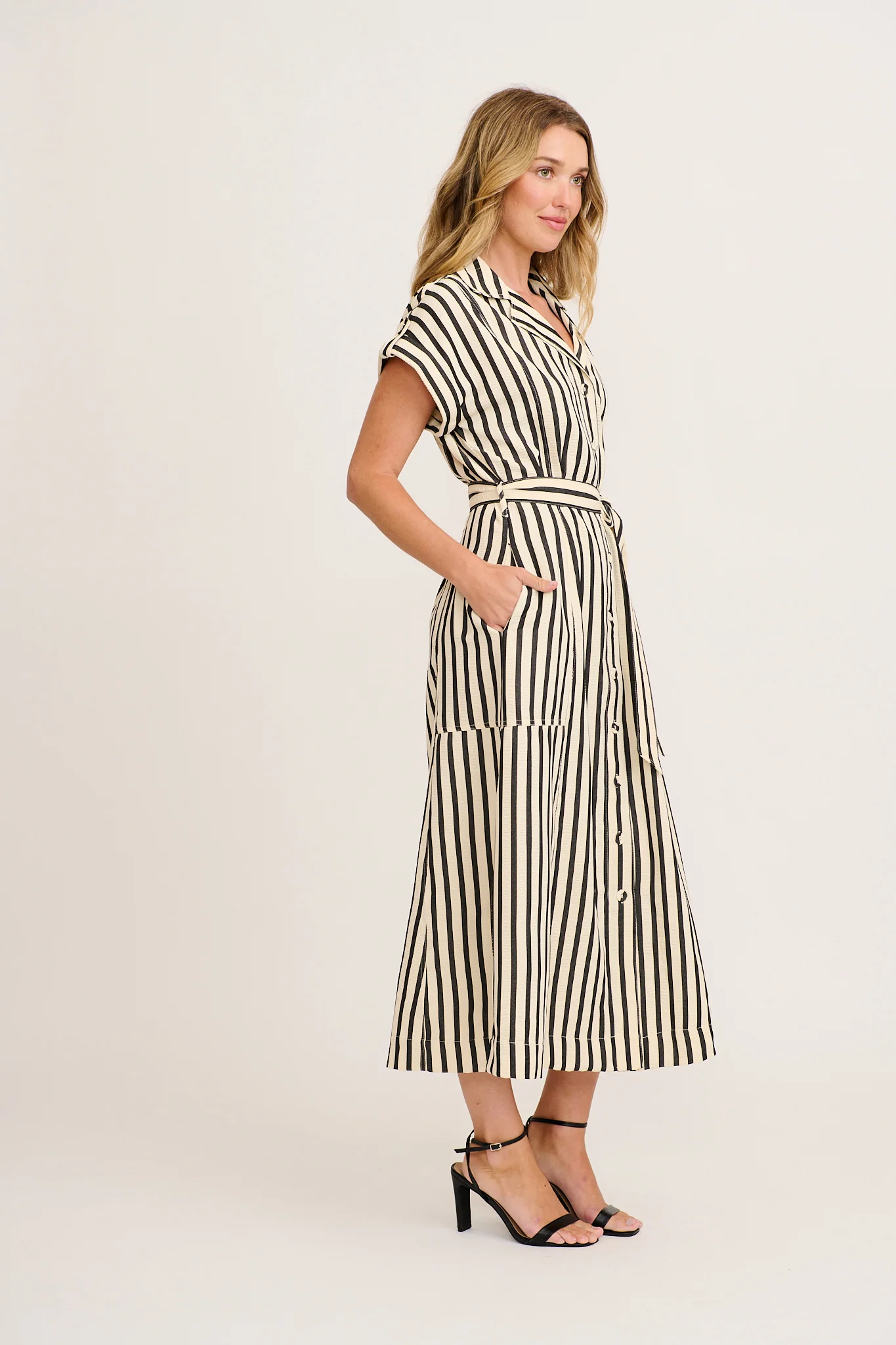 Arcadia Maxi Shirt Dress in Charcoal Stripe - Image 3