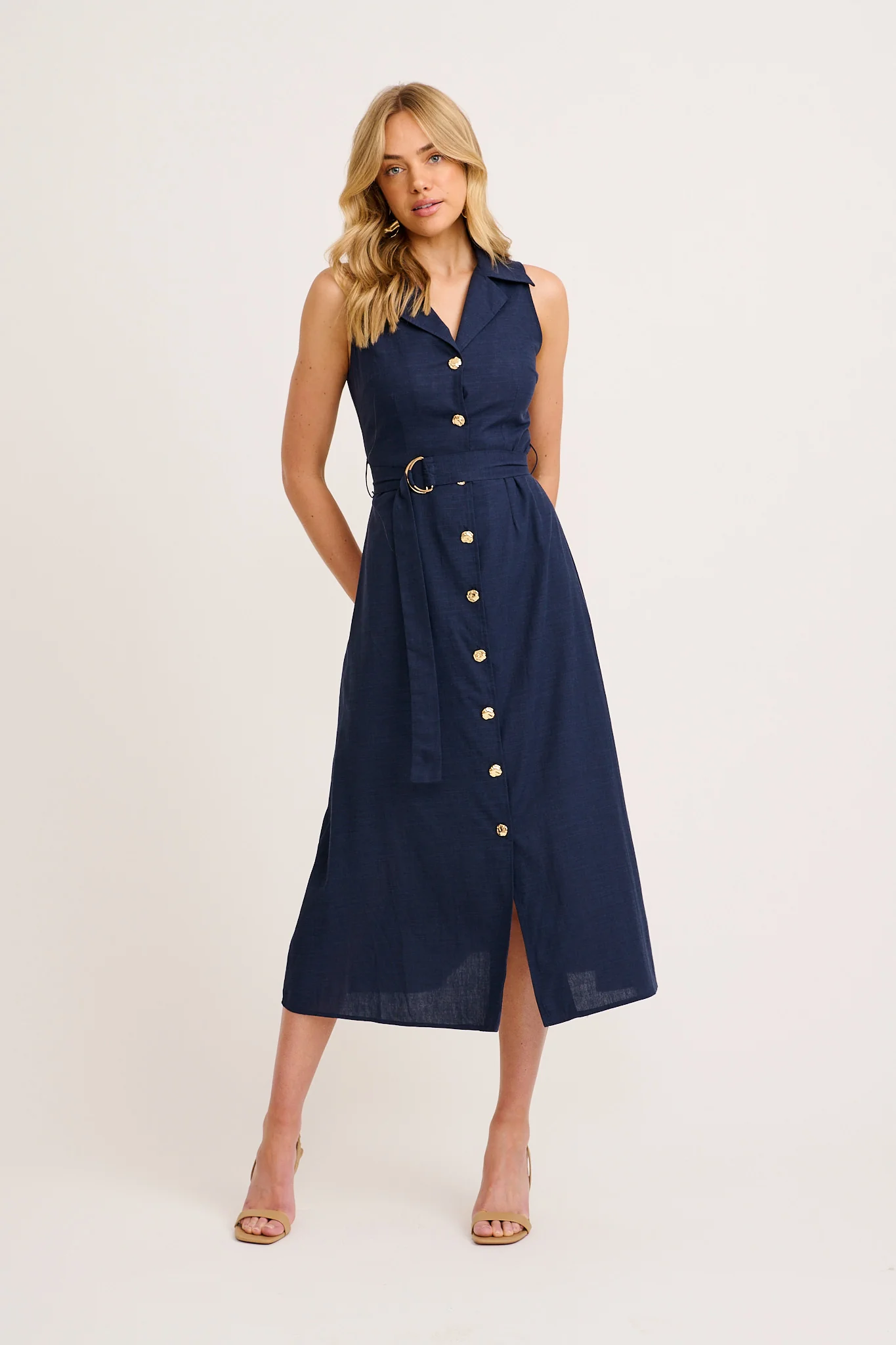 Arlena Maxi Shirt Dress in Navy Cotton Linen