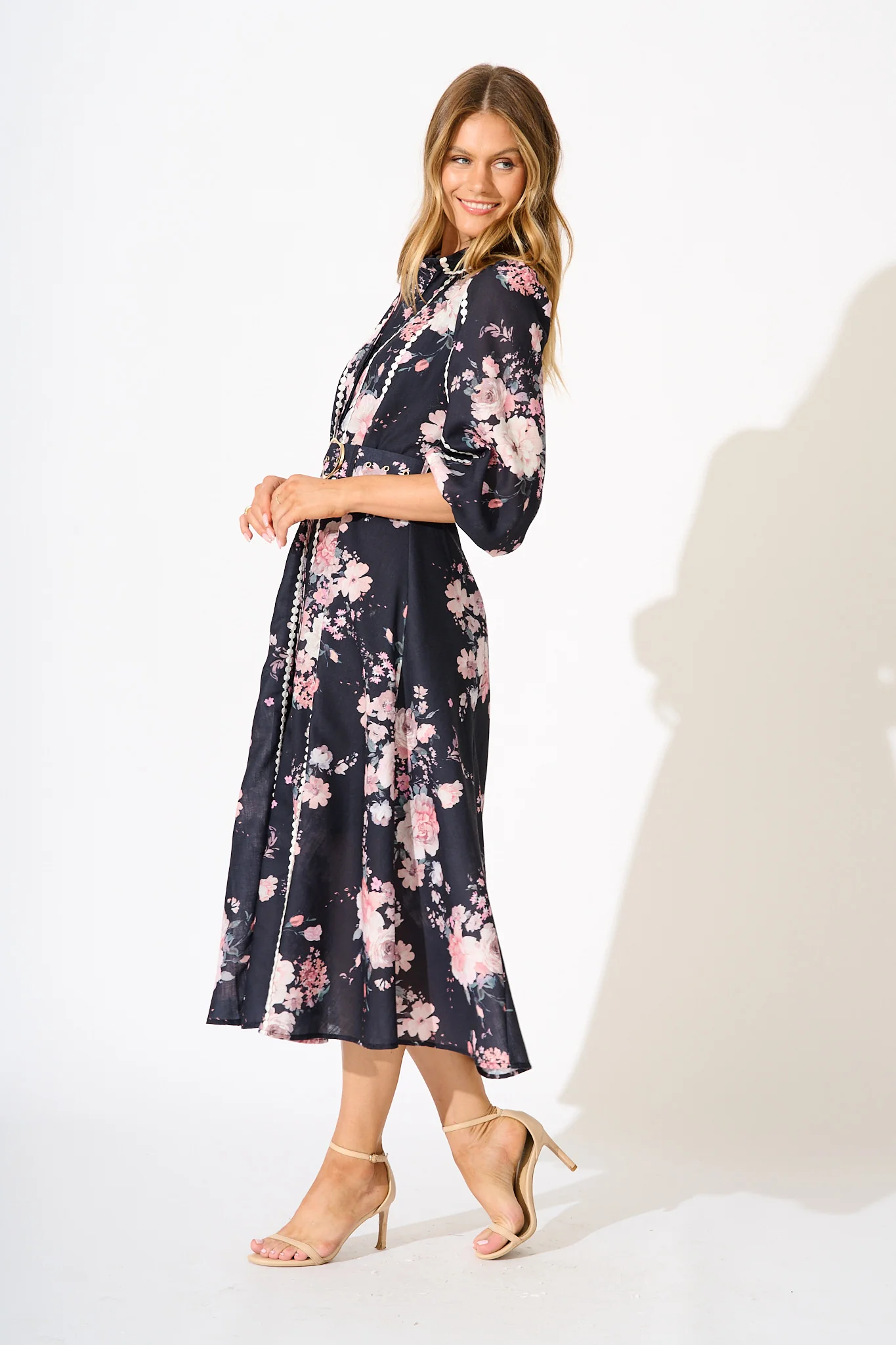 Art Of Bloom Midi Shirt Dress in Black with Blush Floral Linen Blend - Image 3
